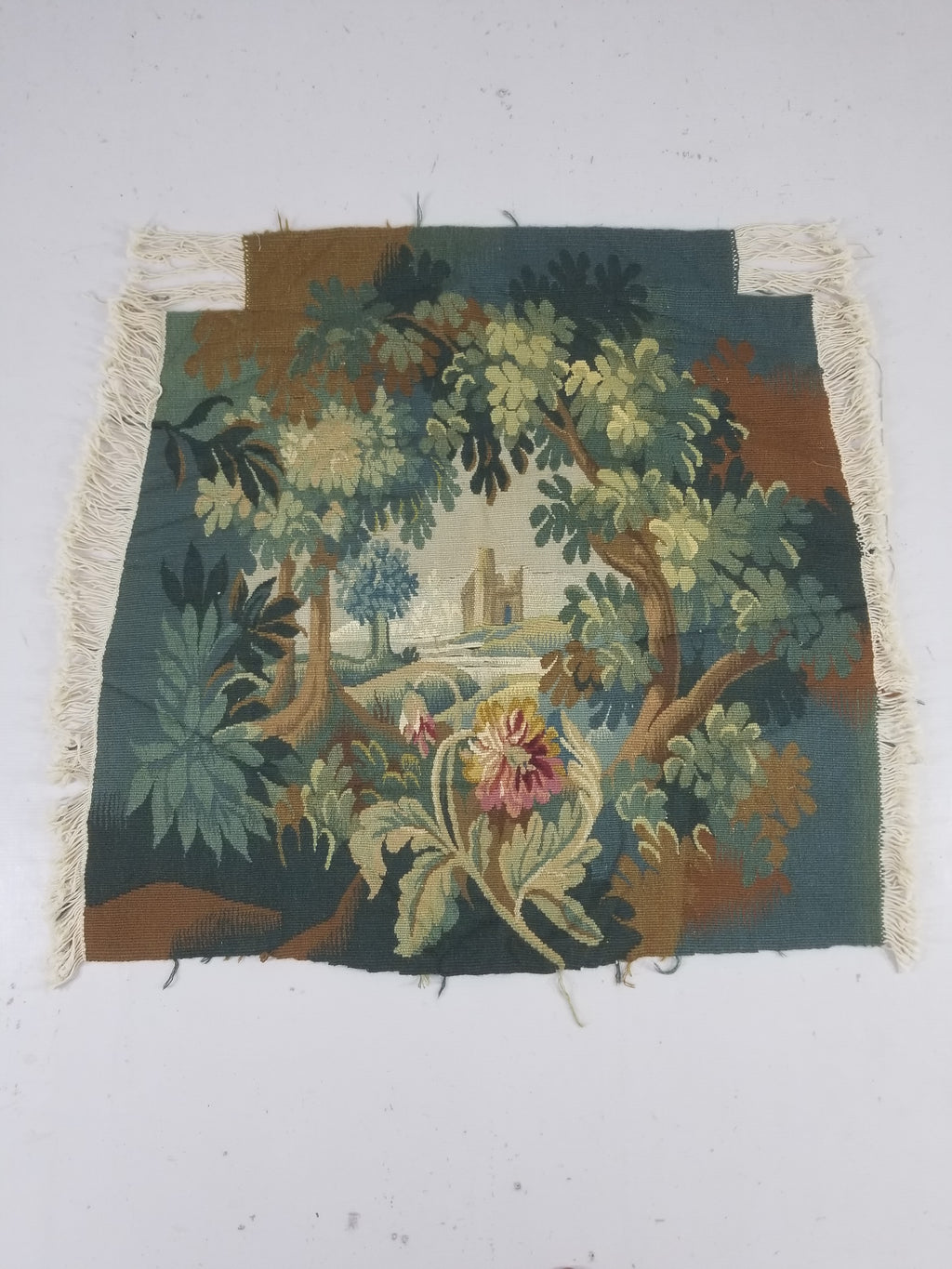 Antique European Aubusson Verdure Woodland Scene Tapestry 78x77cm