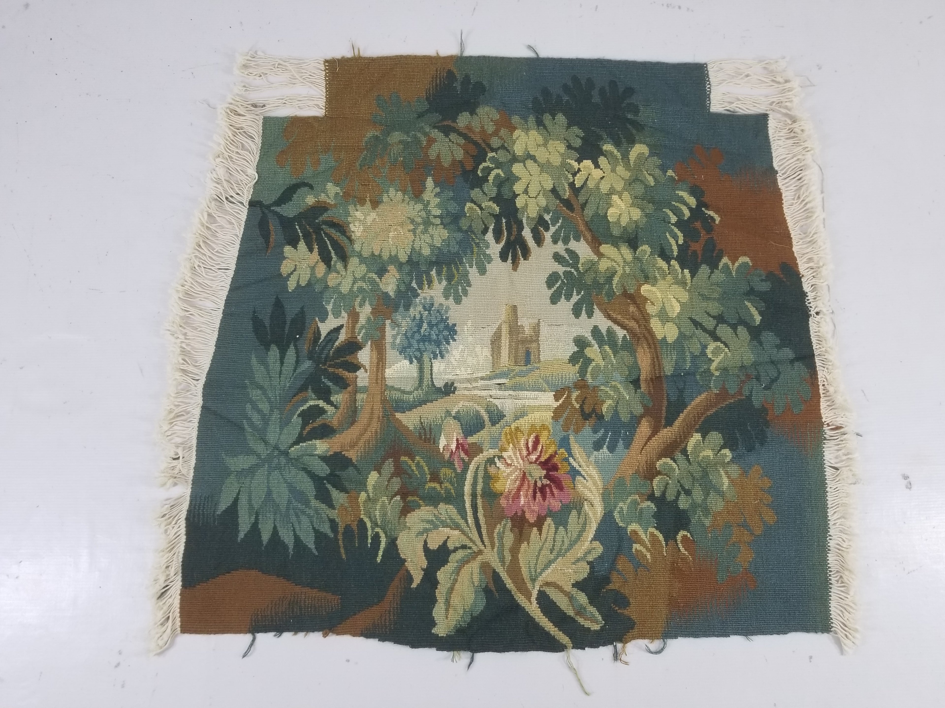 Antique European Aubusson Verdure Woodland Scene Tapestry 78x77cm