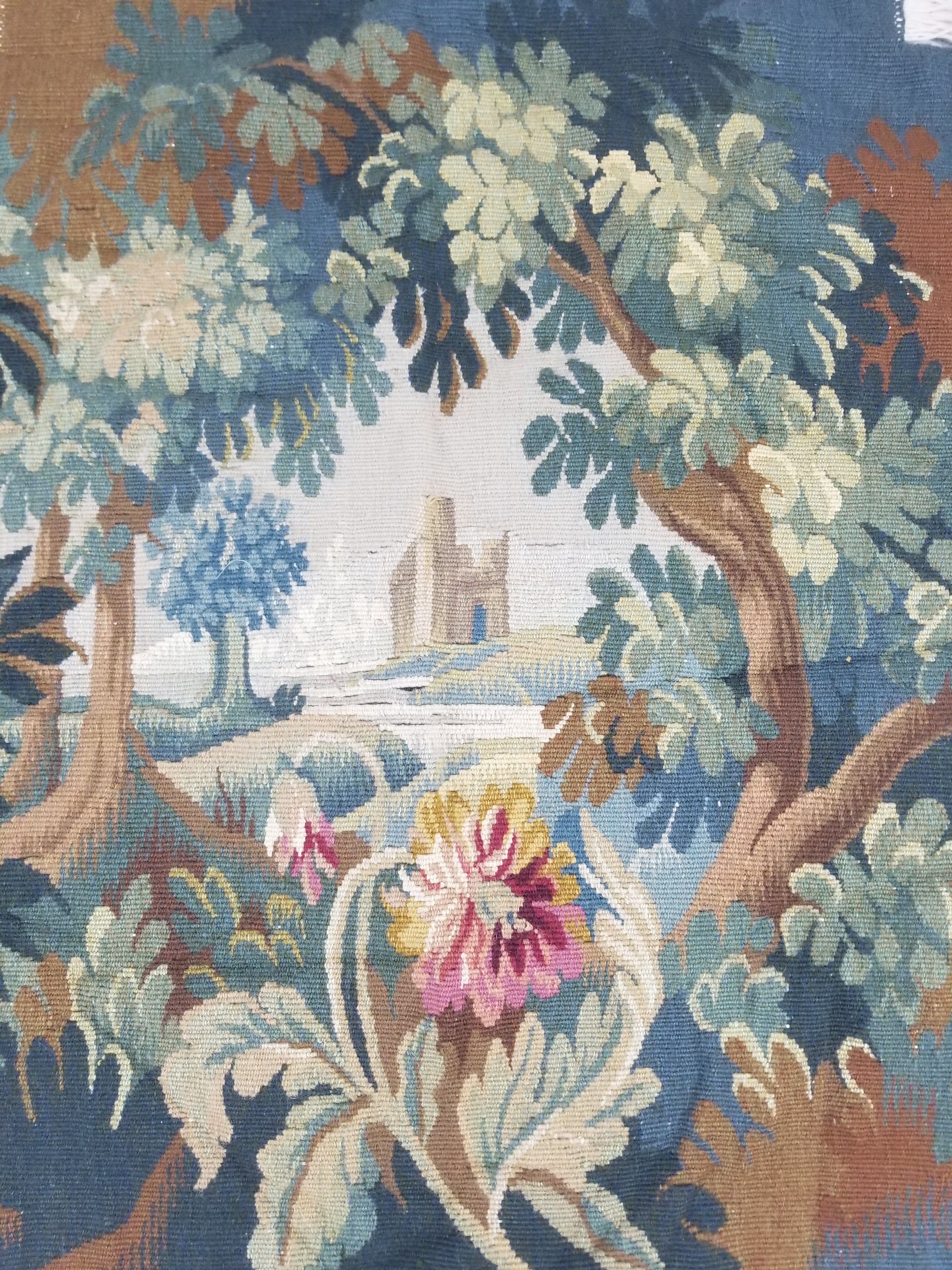 Antique European Aubusson Verdure Woodland Scene Tapestry 78x77cm