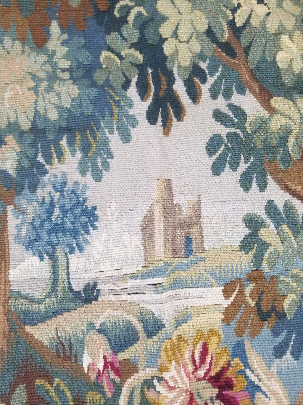 Antique European Aubusson Verdure Woodland Scene Tapestry 78x77cm