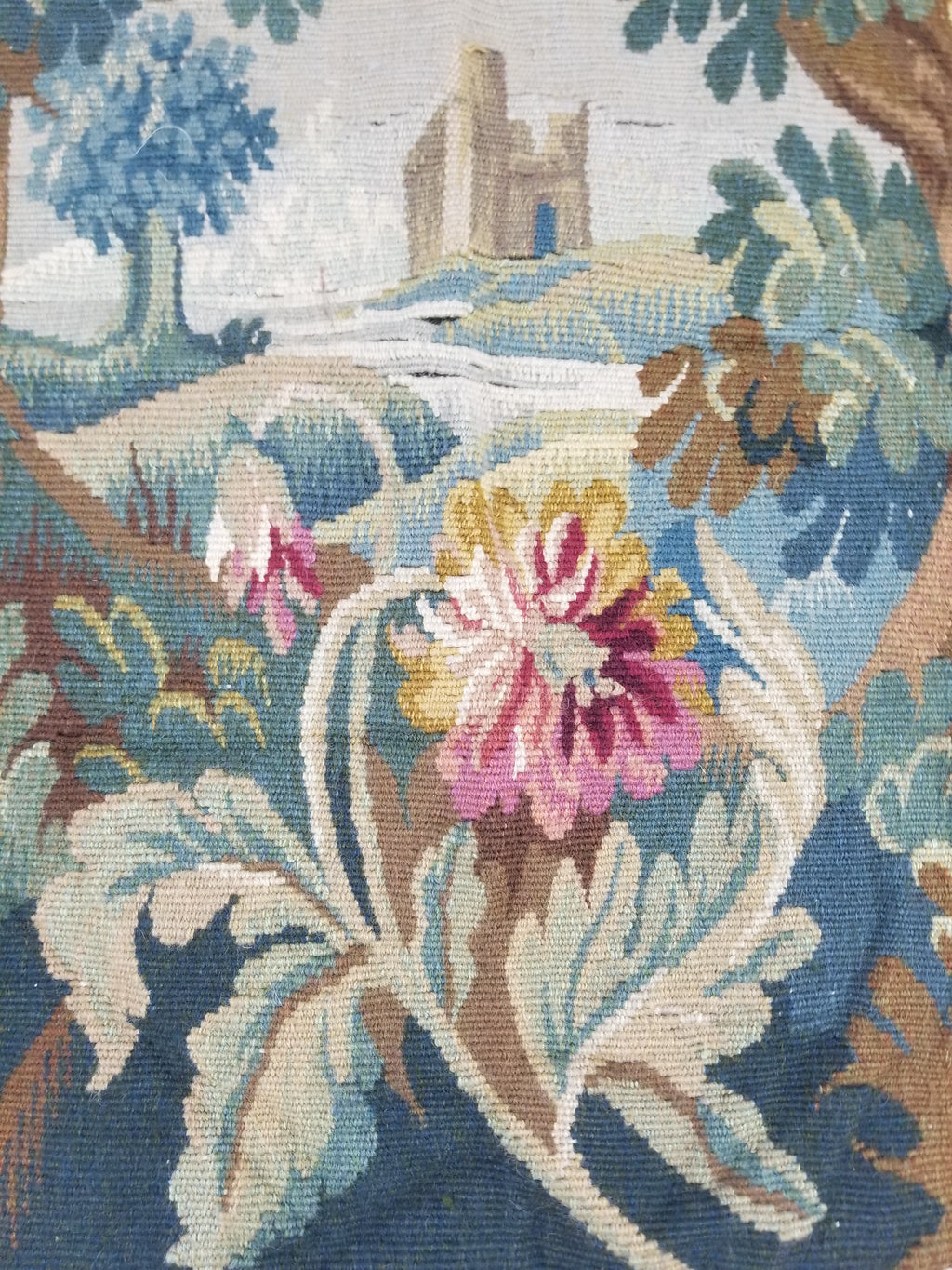Antique European Aubusson Verdure Woodland Scene Tapestry 78x77cm