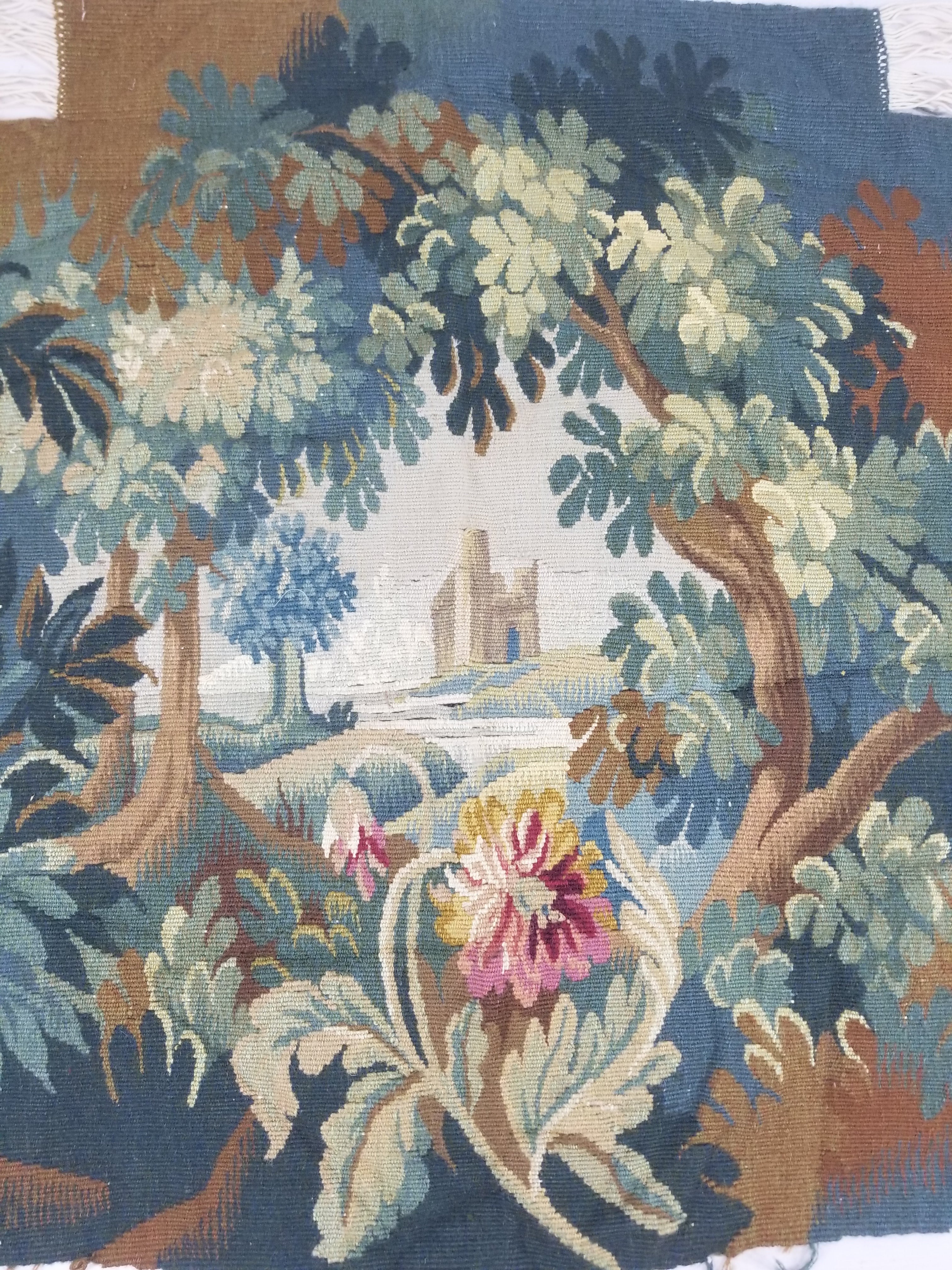 Antique European Aubusson Verdure Woodland Scene Tapestry 78x77cm