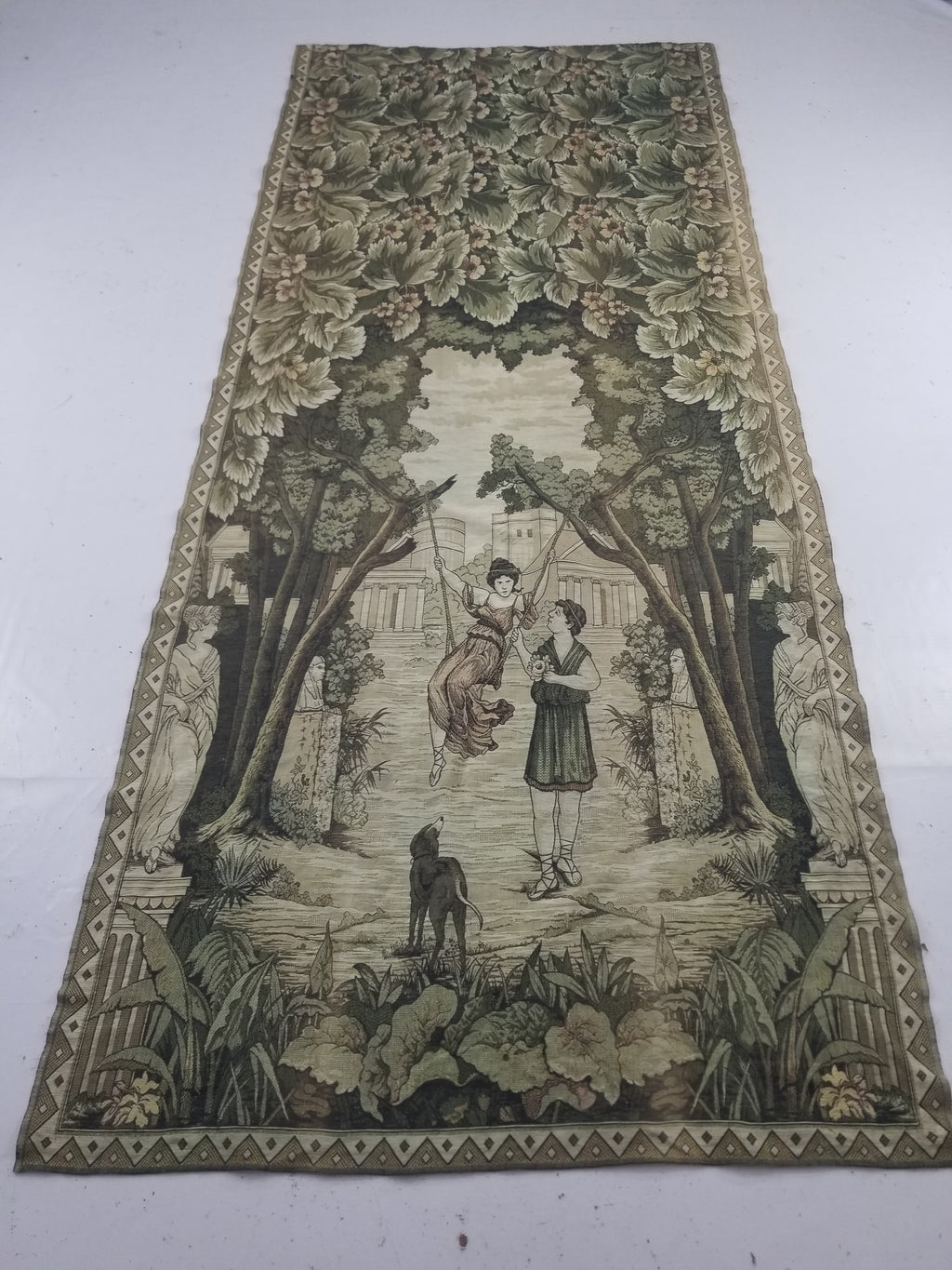 Vintage European Verdure Romantic Garden Scene Woven Tapestry 282x120cm