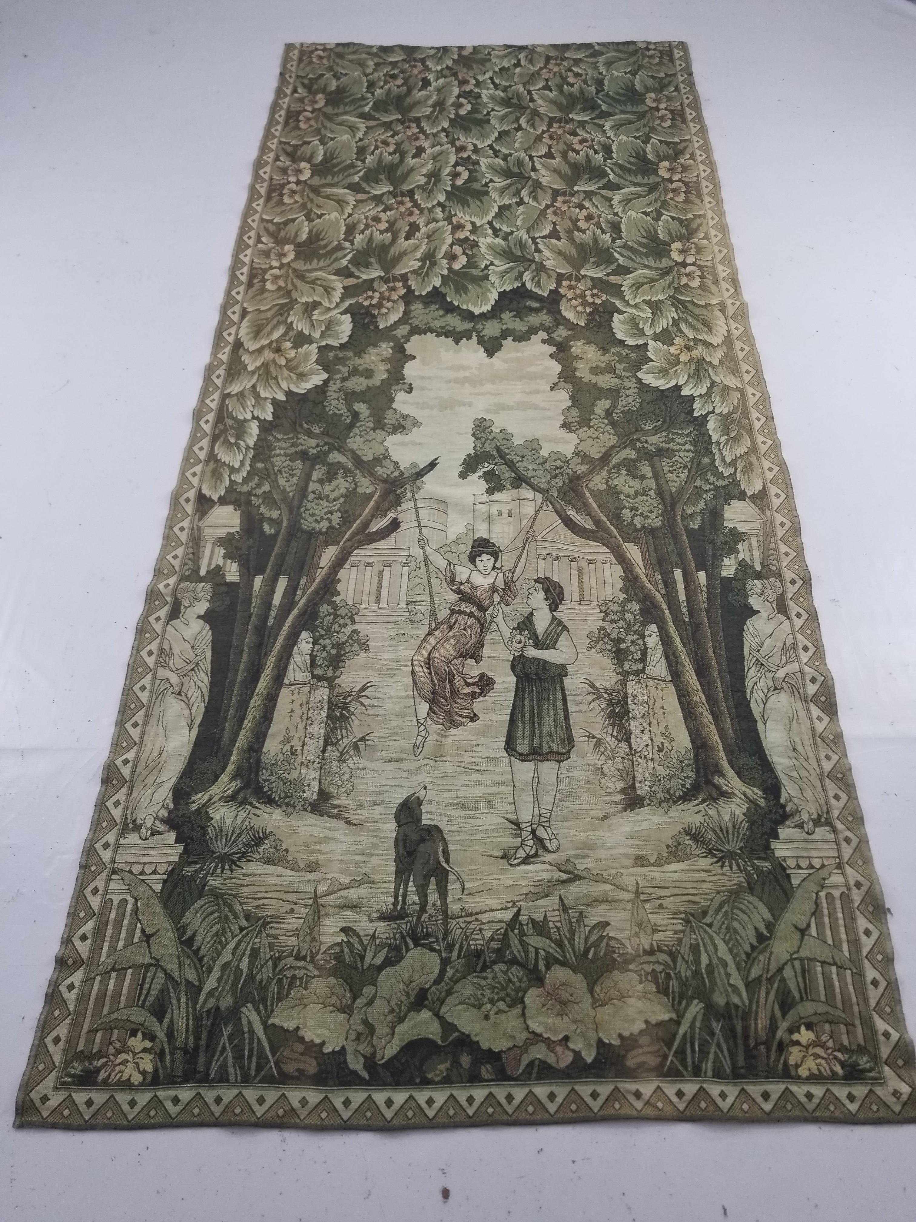 Vintage European Verdure Romantic Garden Scene Woven Tapestry 282x120cm