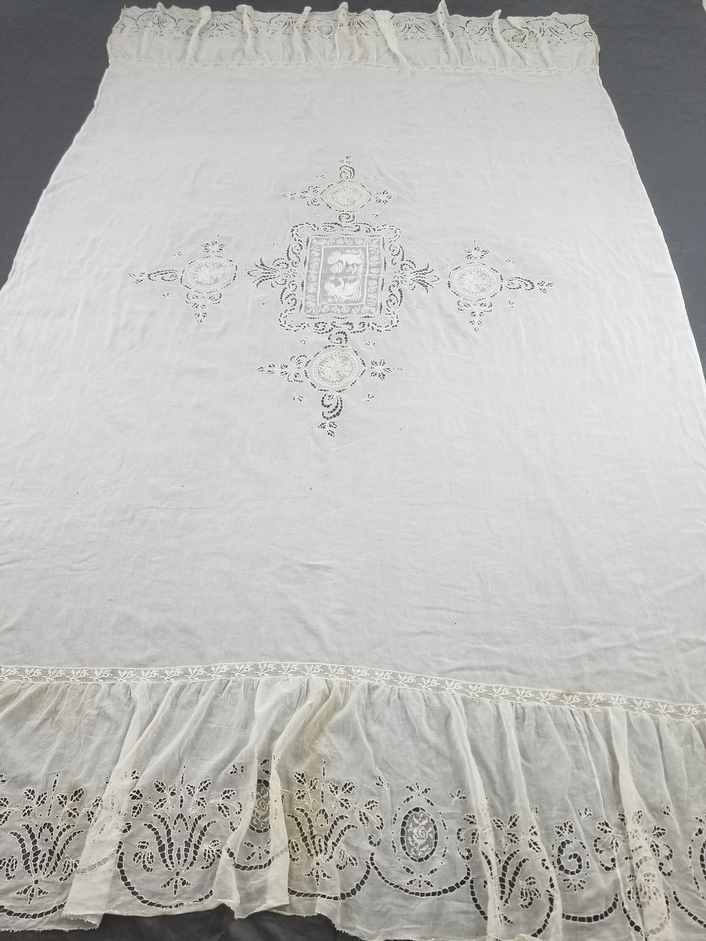 Antique Italian Filet Lace Cherub Floral Cutwork Tablecloth 320x185cm