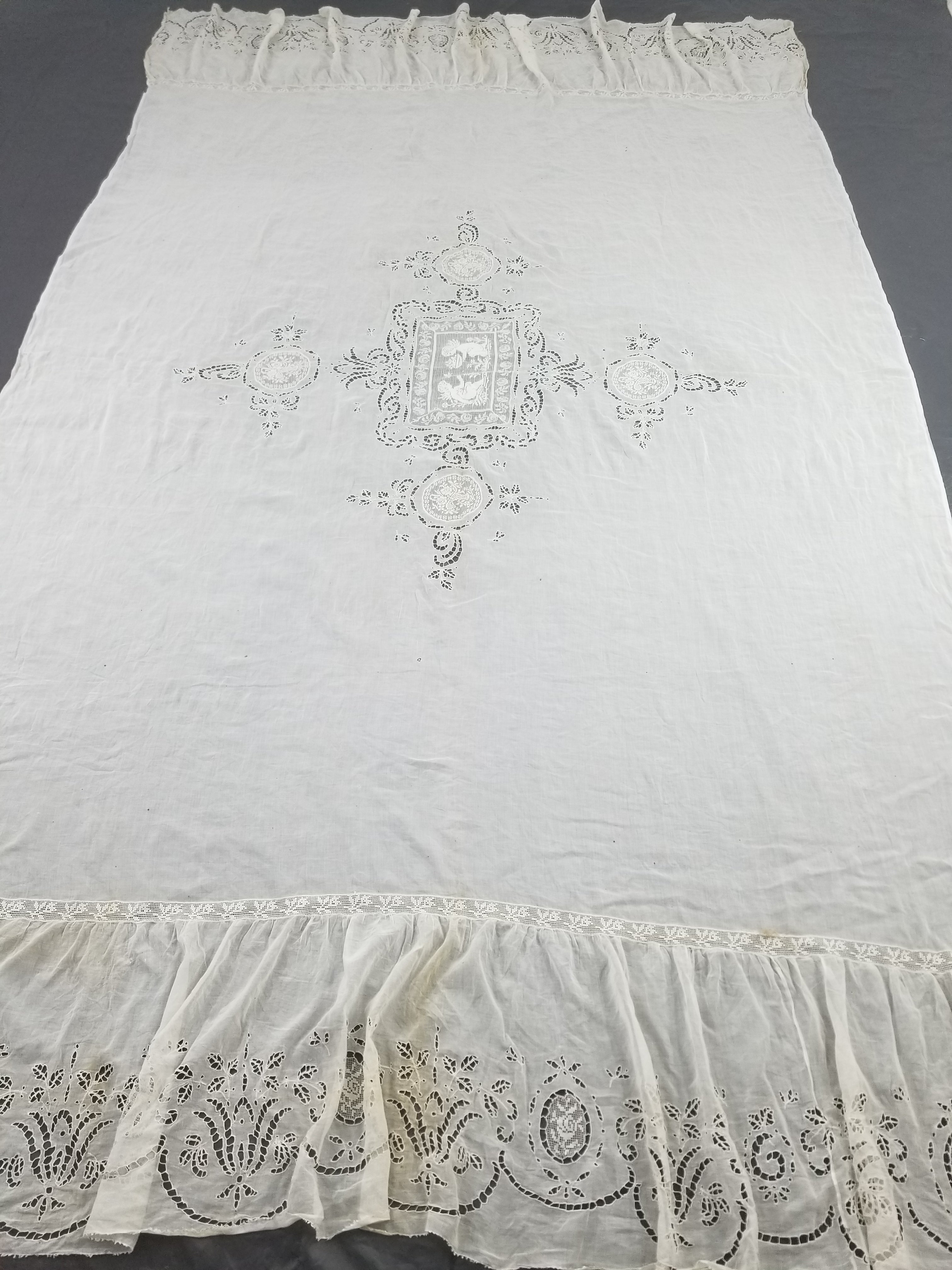 Antique Italian Filet Lace Cherub Floral Cutwork Tablecloth 320x185cm