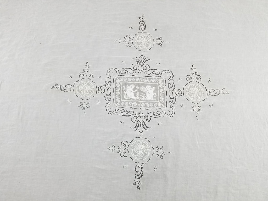Antique Italian Filet Lace Cherub Floral Cutwork Tablecloth 320x185cm