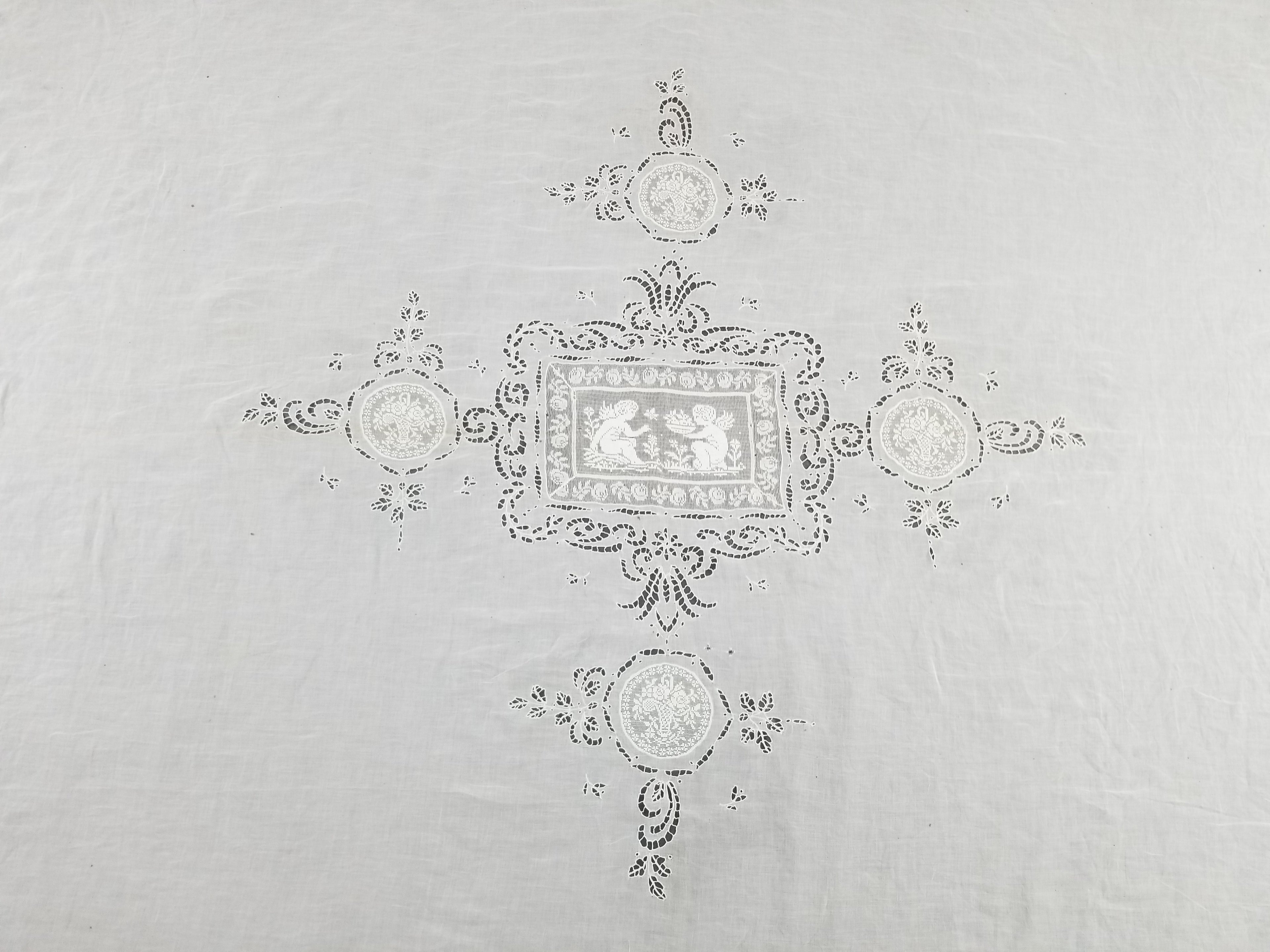 Antique Italian Filet Lace Cherub Floral Cutwork Tablecloth 320x185cm