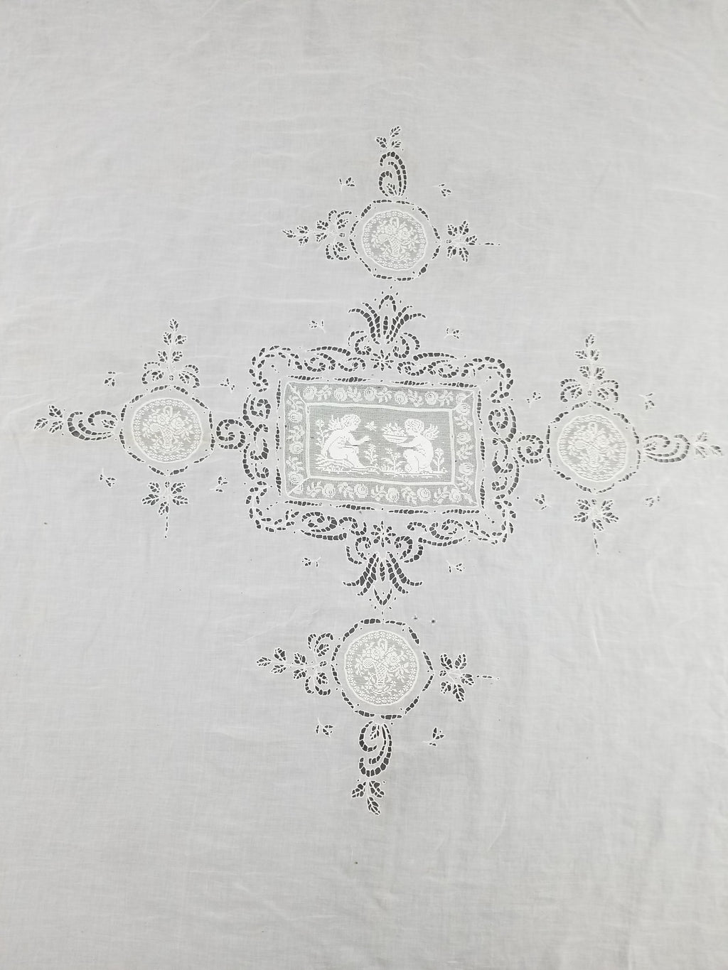 Antique Italian Filet Lace Cherub Floral Cutwork Tablecloth 320x185cm