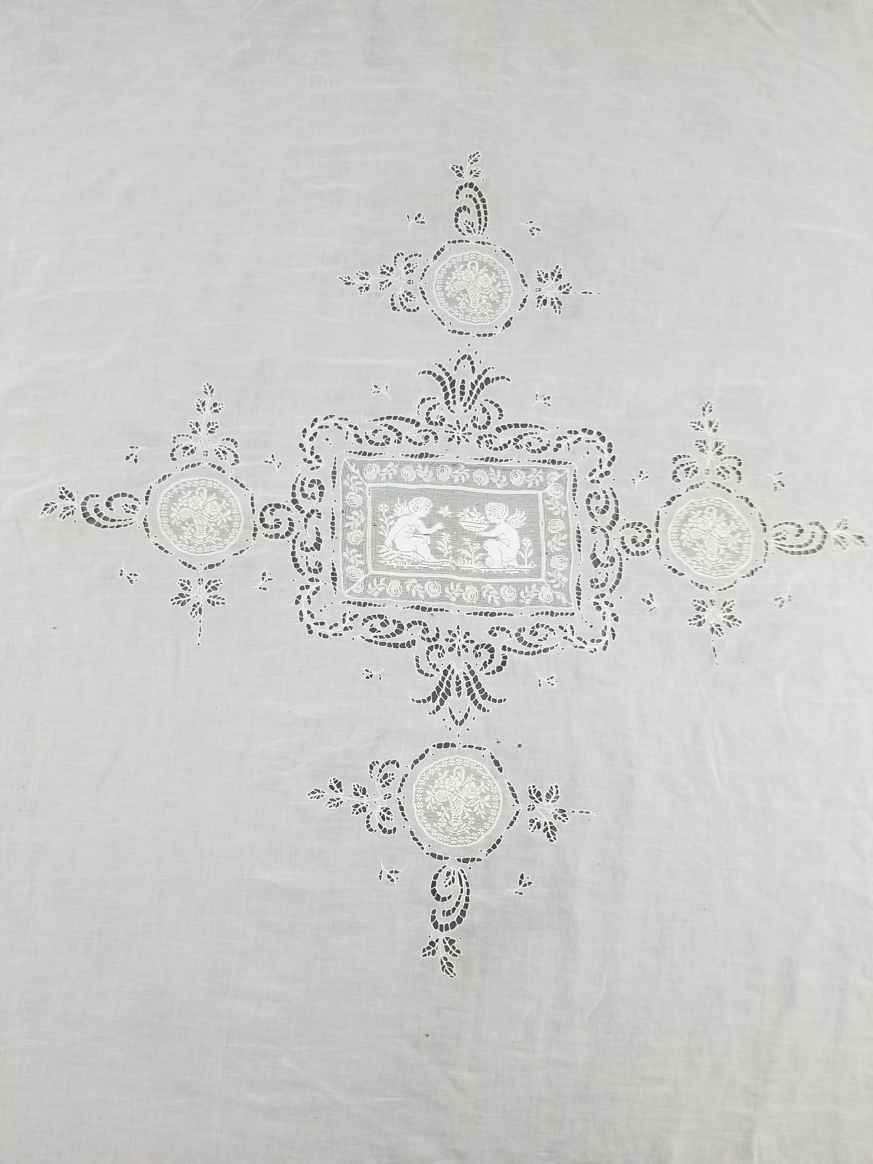 Antique Italian Filet Lace Cherub Floral Cutwork Tablecloth 320x185cm