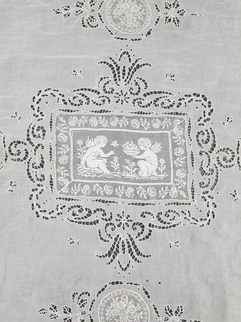 Antique Italian Filet Lace Cherub Floral Cutwork Tablecloth 320x185cm