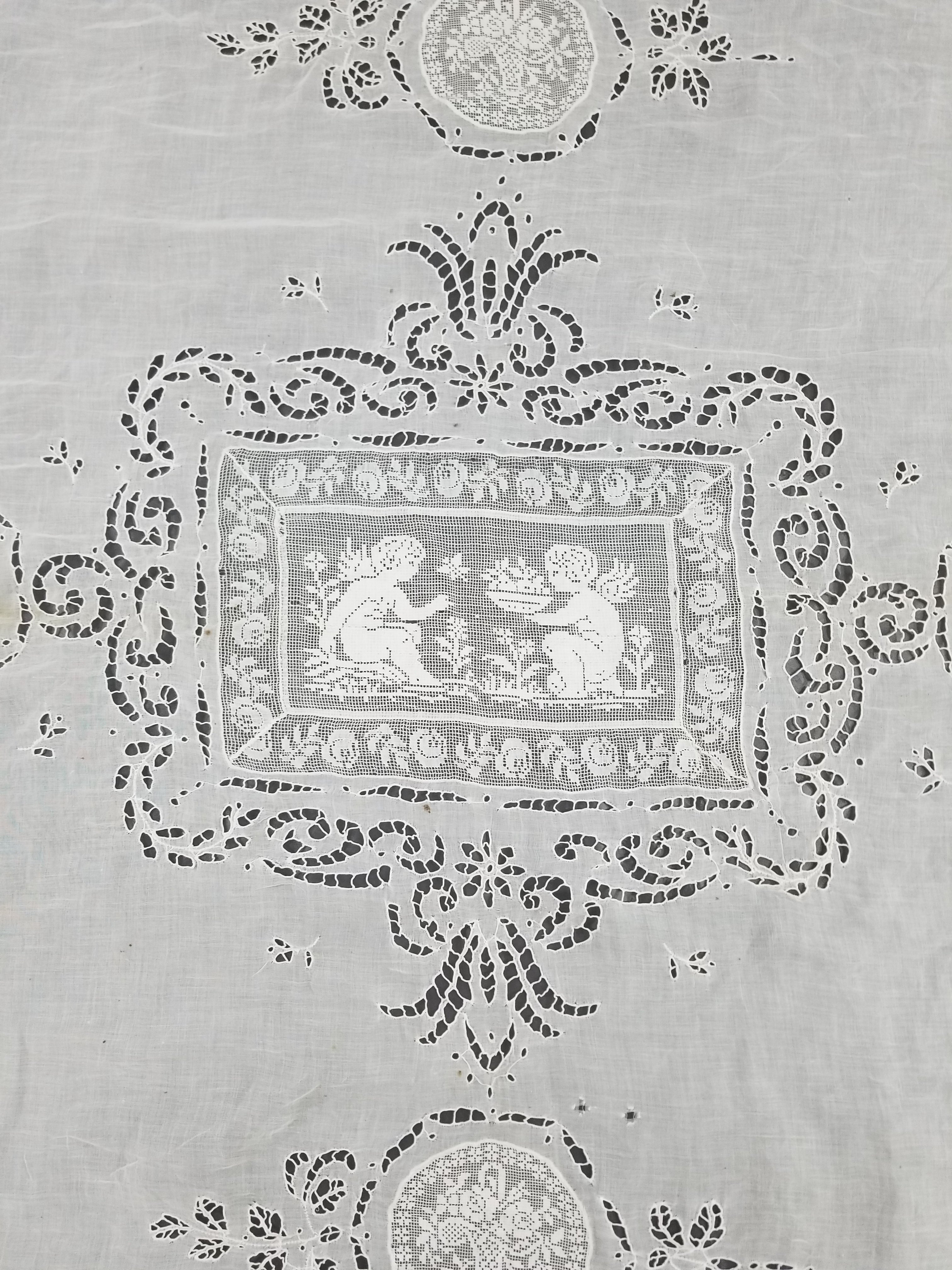 Antique Italian Filet Lace Cherub Floral Cutwork Tablecloth 320x185cm