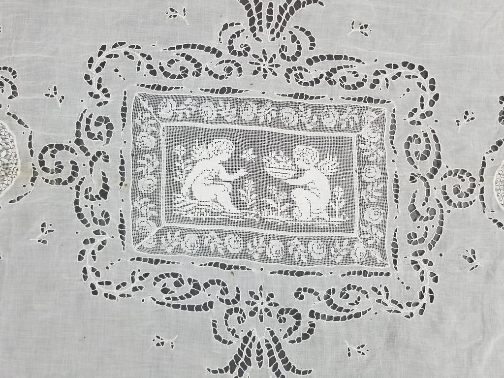 Antique Italian Filet Lace Cherub Floral Cutwork Tablecloth 320x185cm