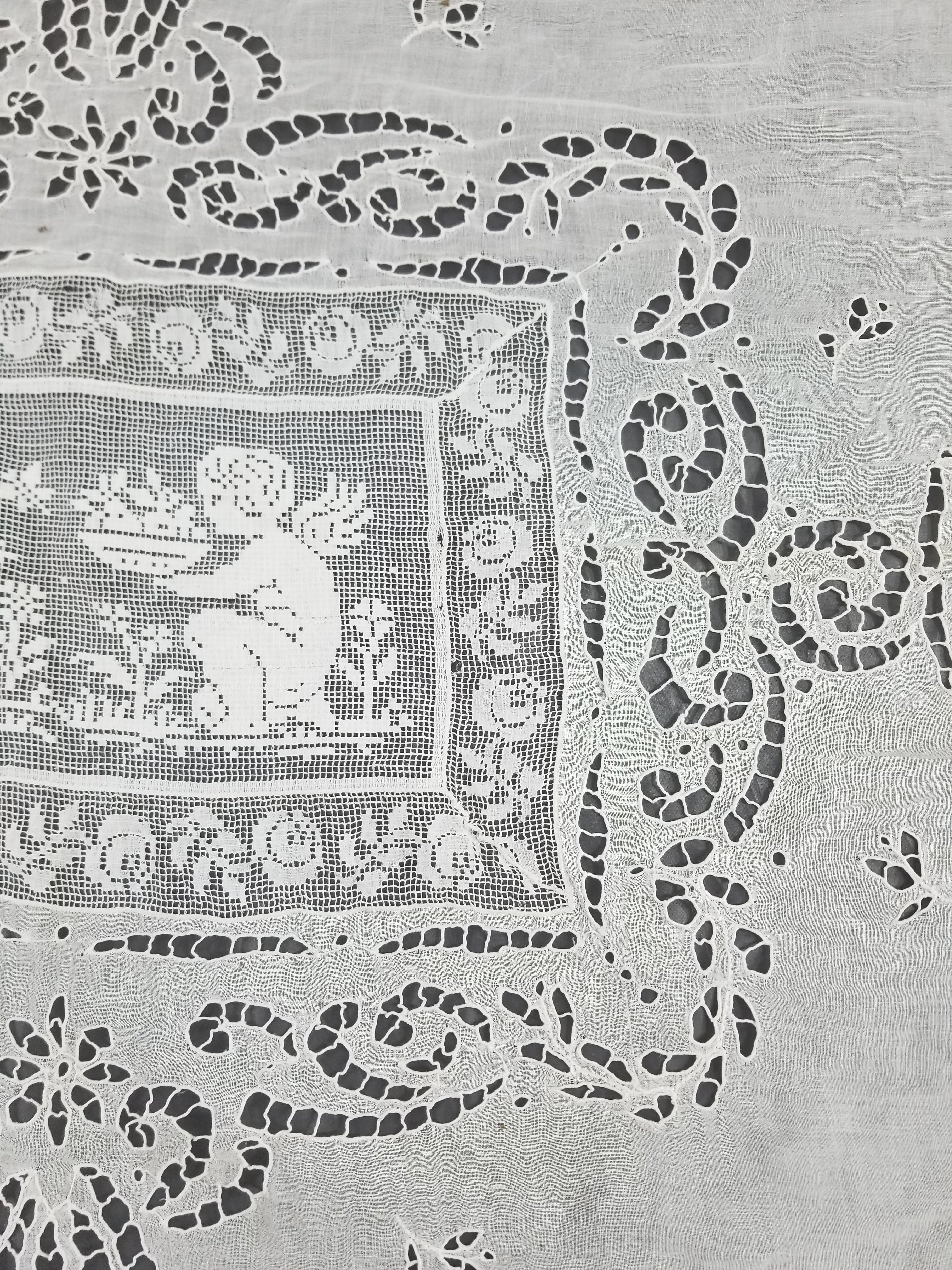 Antique Italian Filet Lace Cherub Floral Cutwork Tablecloth 320x185cm