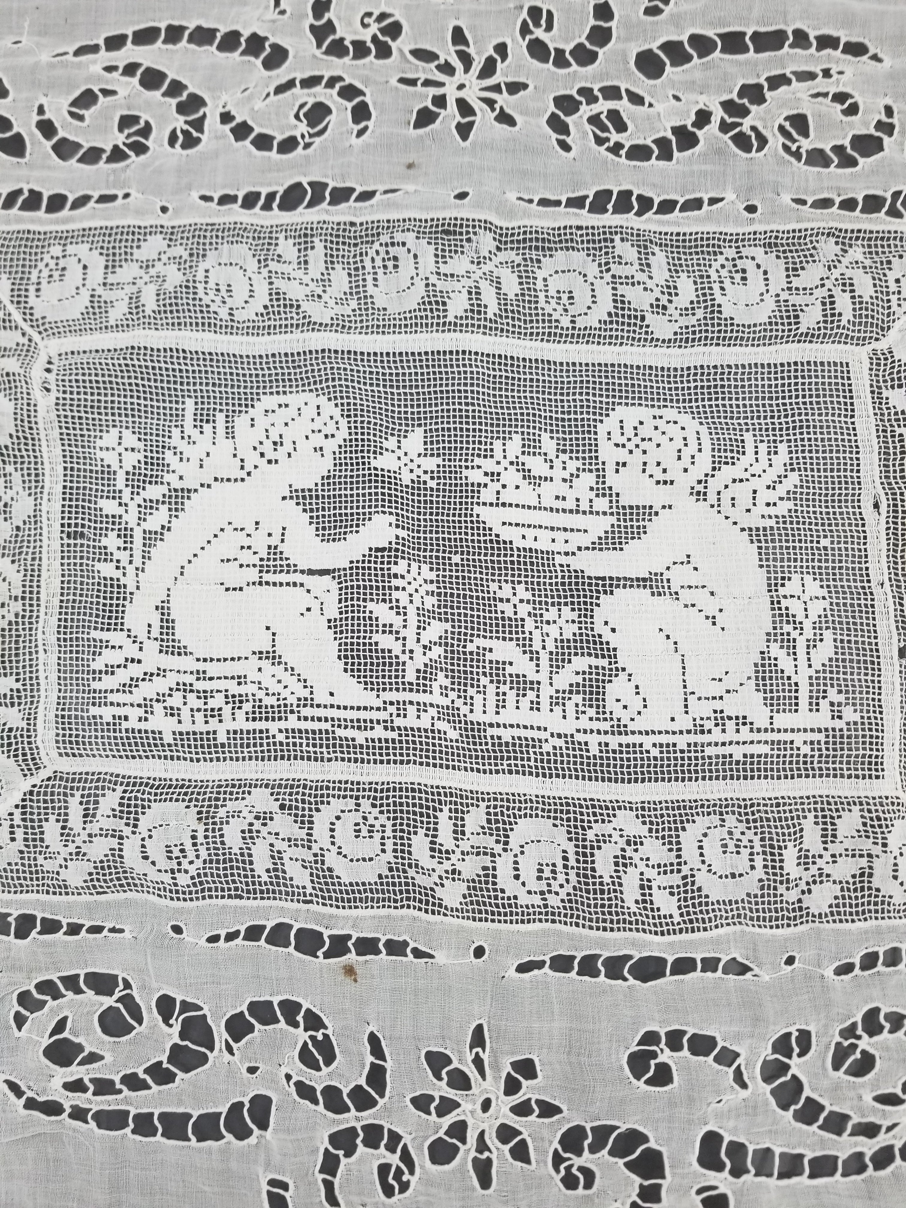 Antique Italian Filet Lace Cherub Floral Cutwork Tablecloth 320x185cm