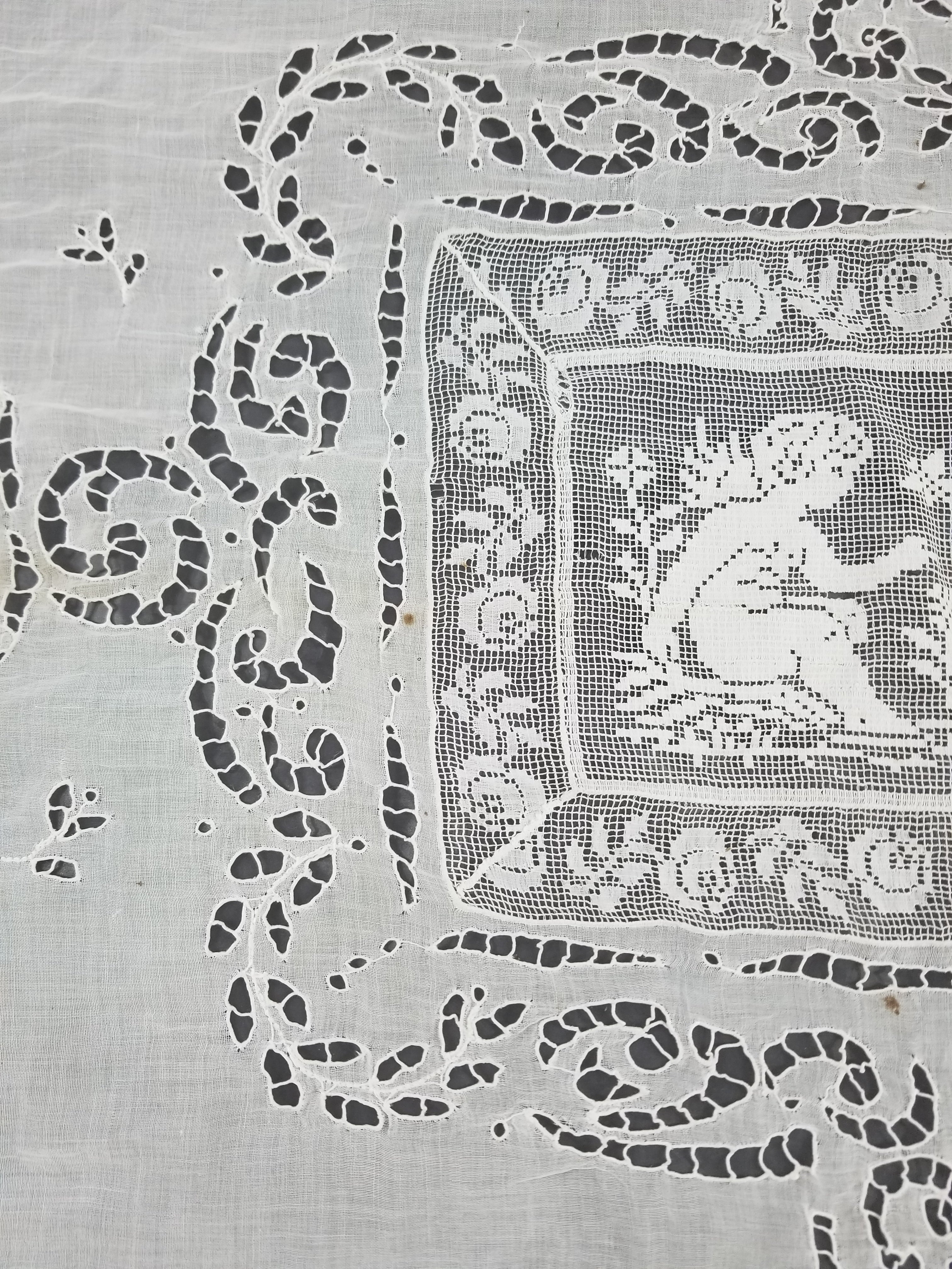 Antique Italian Filet Lace Cherub Floral Cutwork Tablecloth 320x185cm