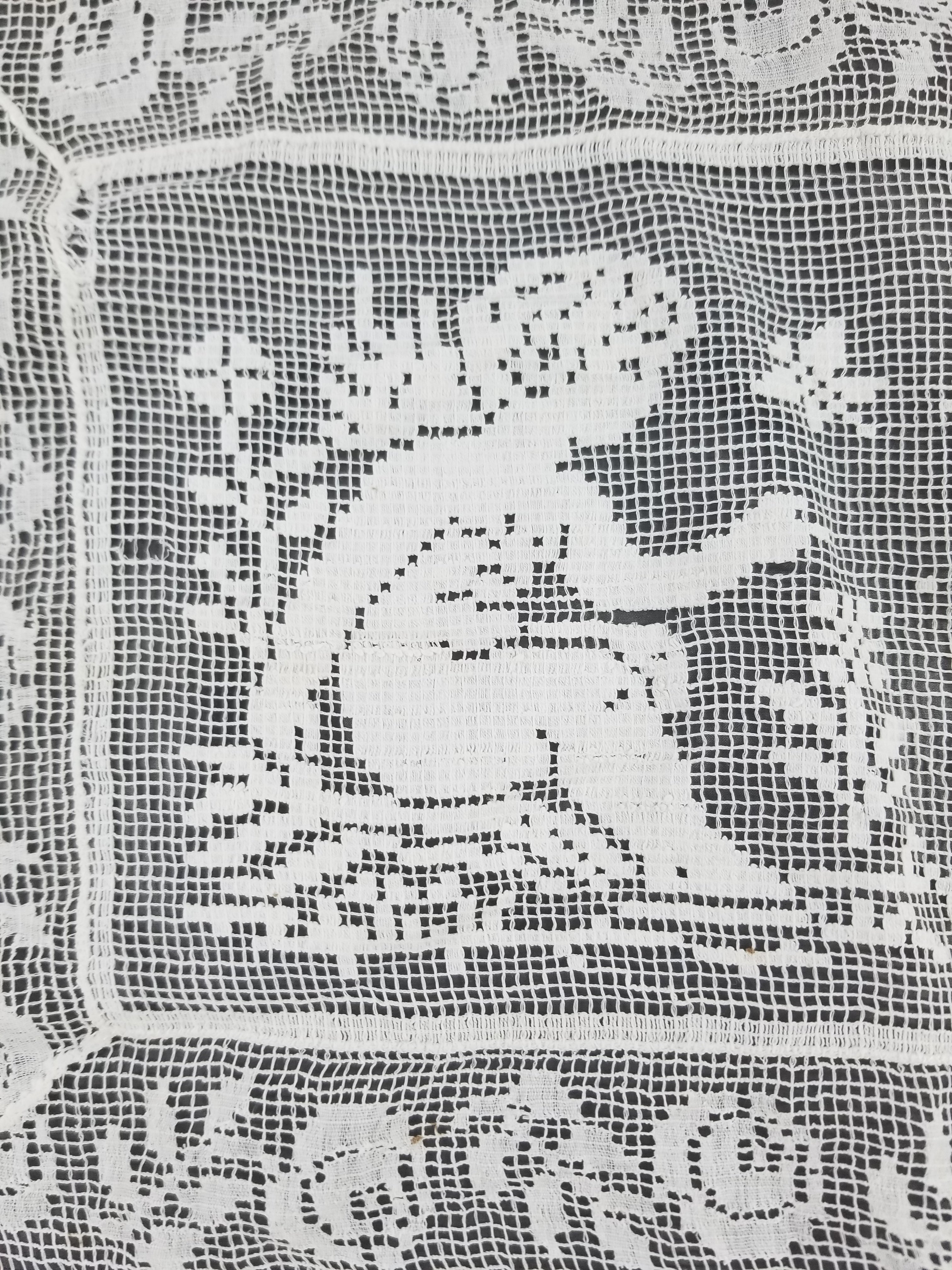 Antique Italian Filet Lace Cherub Floral Cutwork Tablecloth 320x185cm