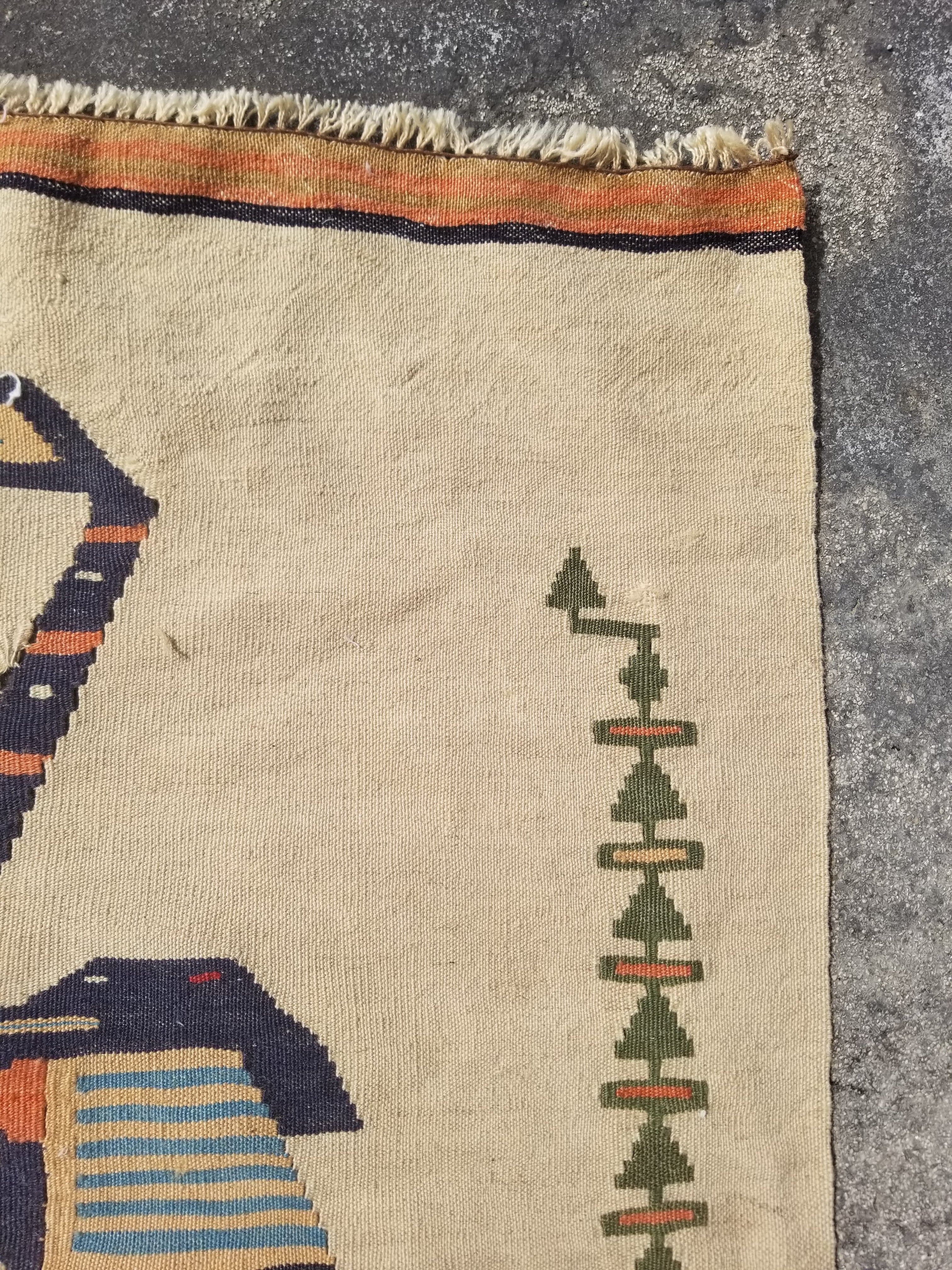 Vintage Traditional Handmade Scandinavian-style Folk Art Wool Multicolor Kilim Rug 95x76cm