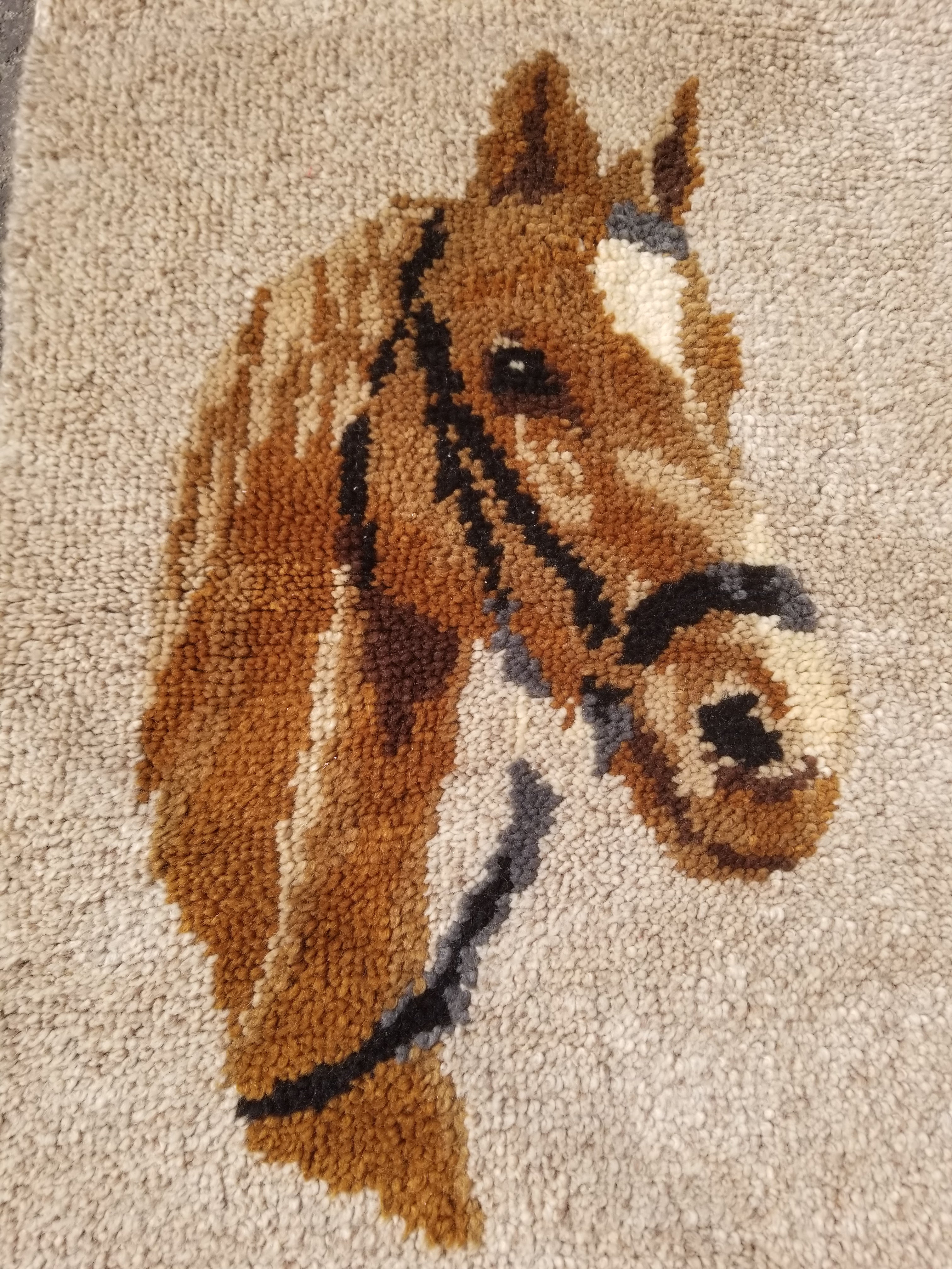 Vintage 1970s Handmade Latch Hook Horse Head Design Wool Wall Hanging Rug 95x69c