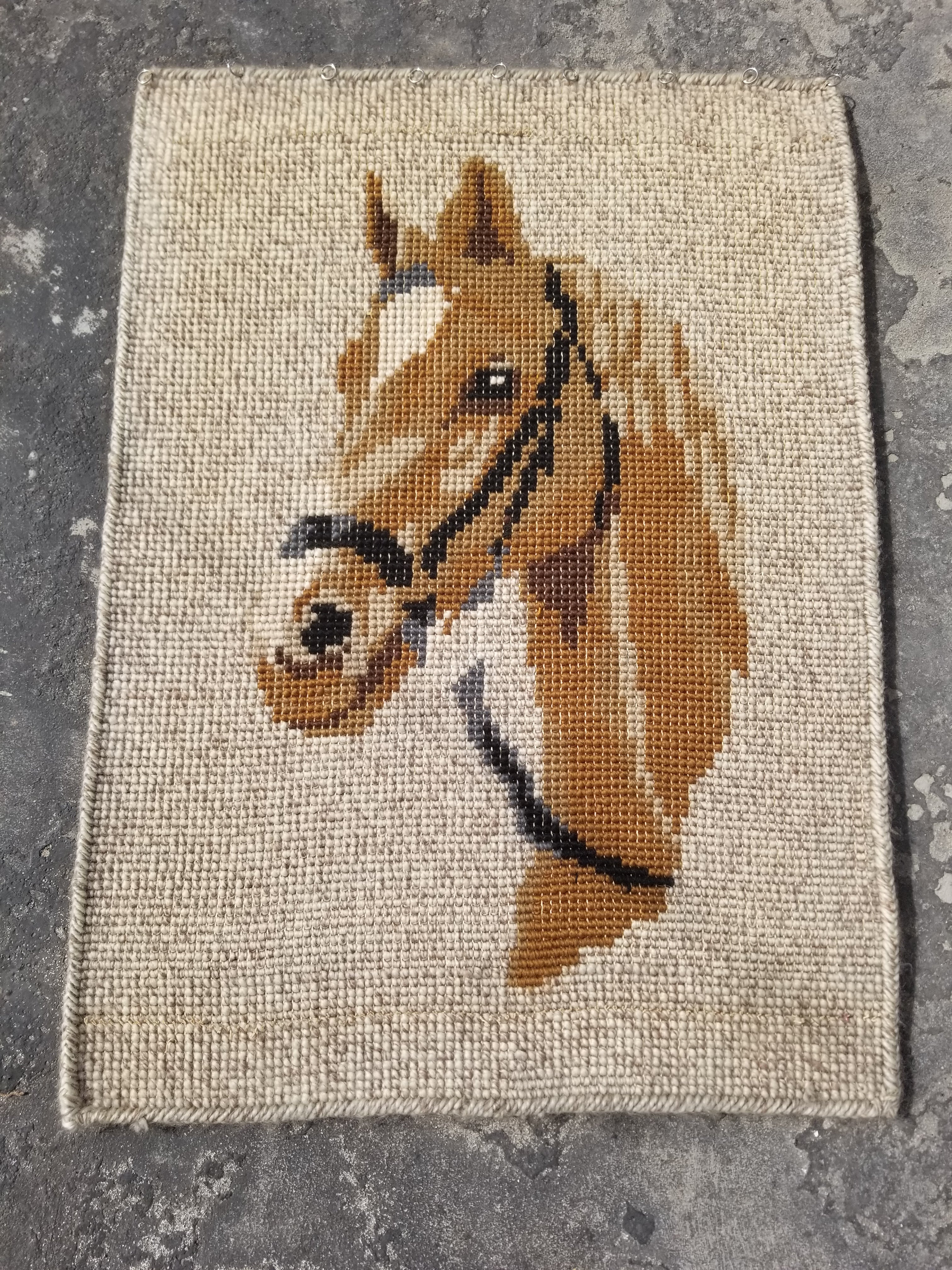 Vintage 1970s Handmade Latch Hook Horse Head Design Wool Wall Hanging Rug 95x69c