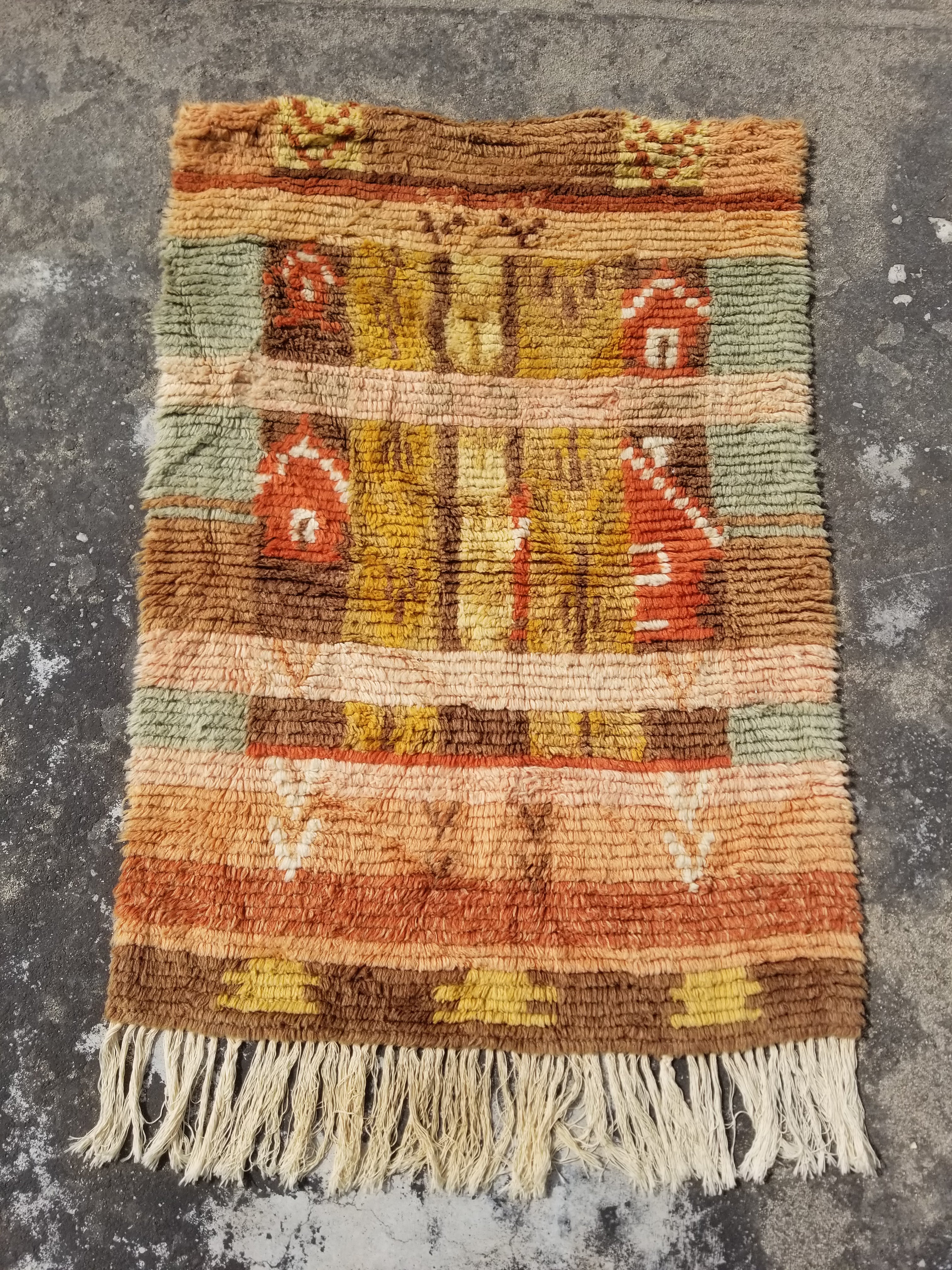 Vintage Traditional Handmade Swedish Wool Rya Shag Rug 107x75cm