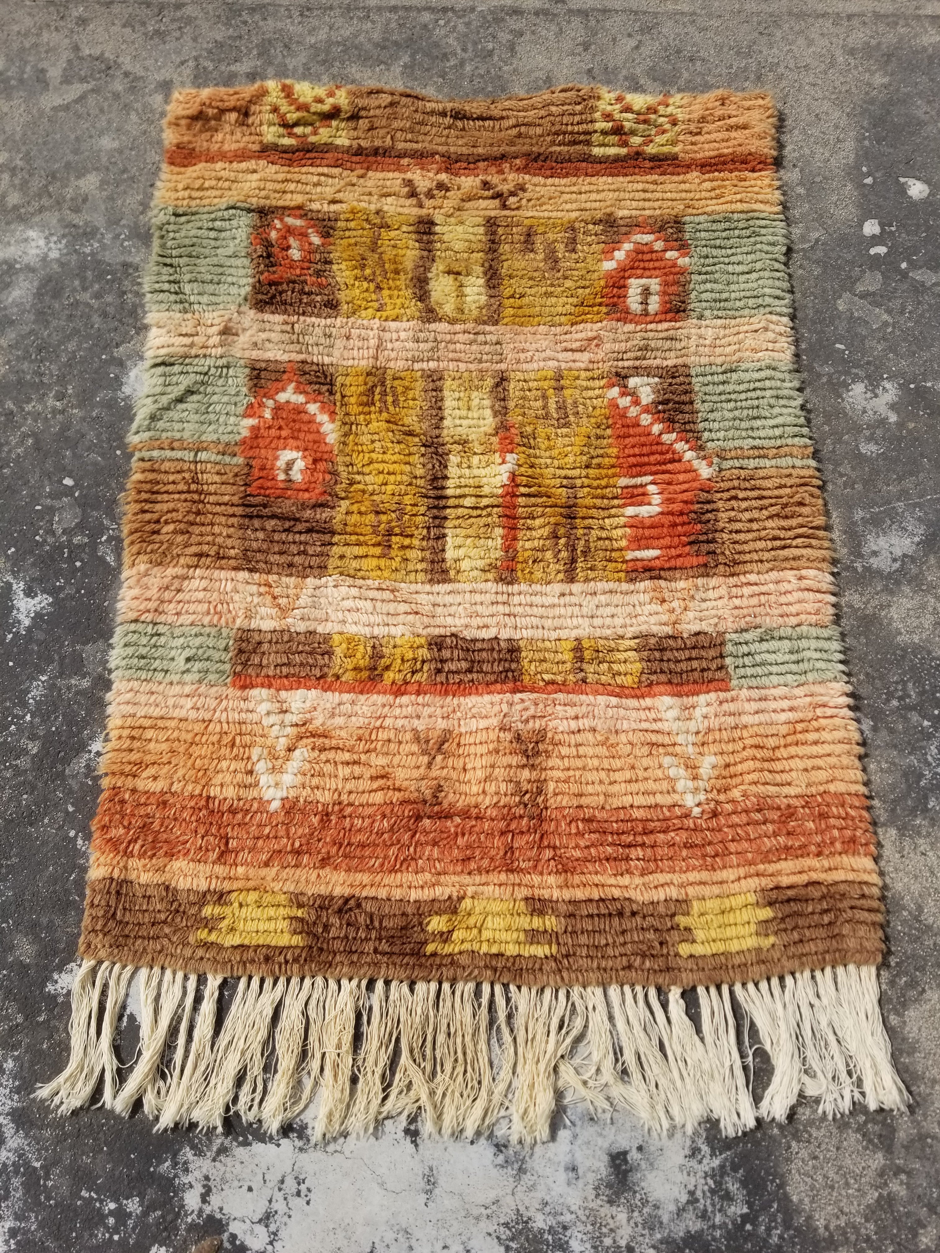 Vintage Traditional Handmade Swedish Wool Rya Shag Rug 107x75cm