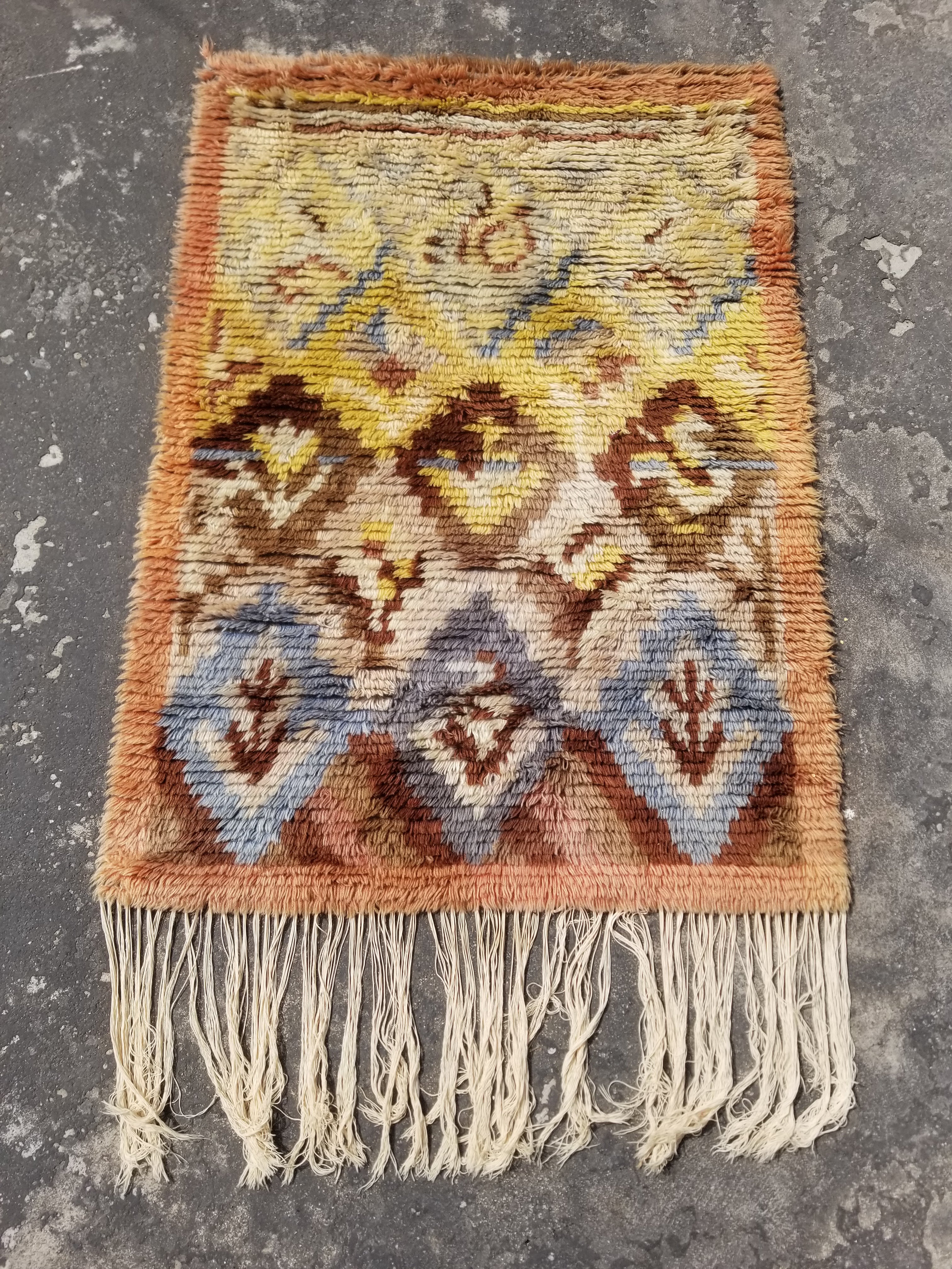Vintage Traditional Handwoven Scandinavian Wool Rya Shag Rug 116x82cm
