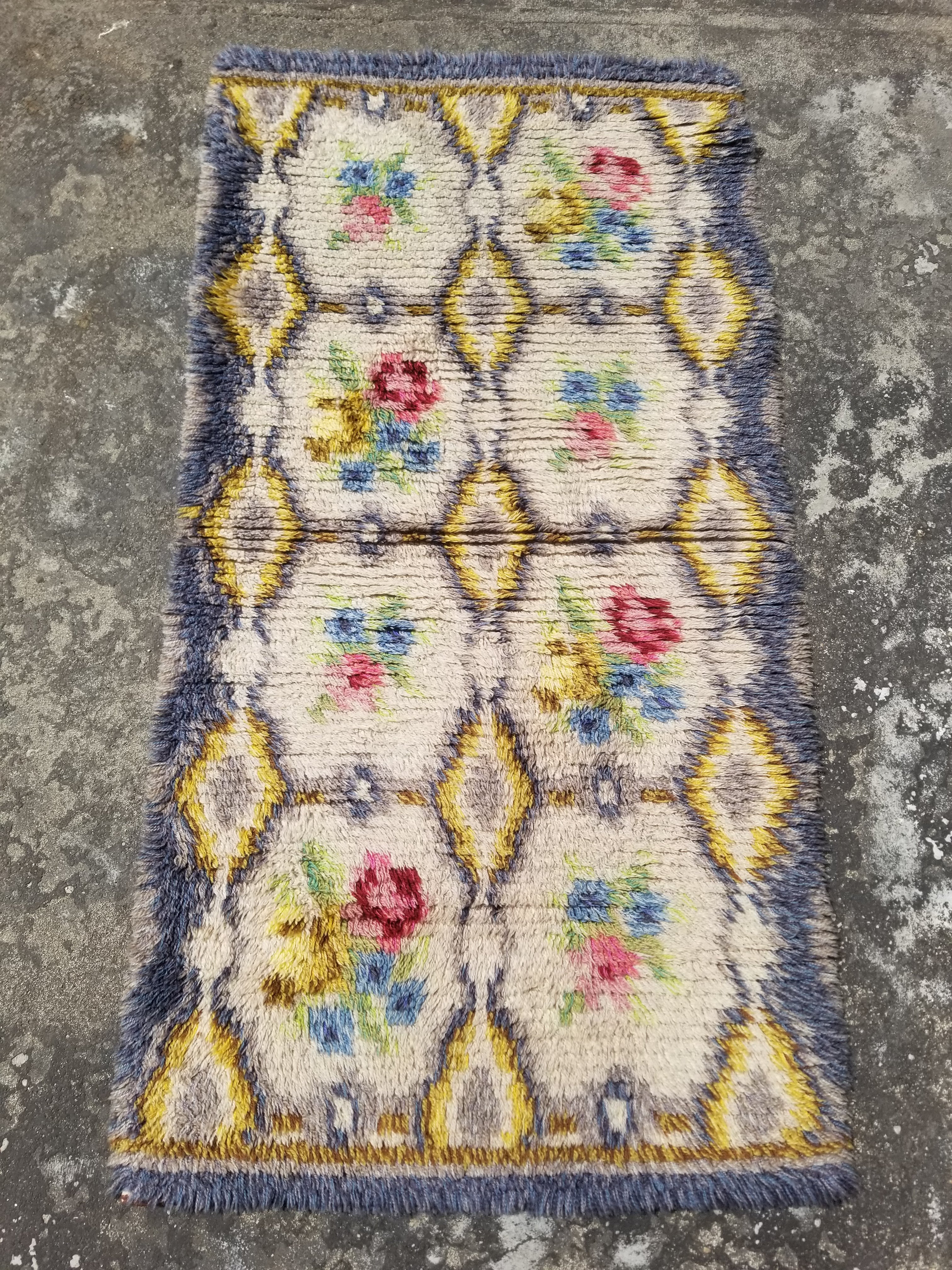 Vintage Traditional Handwoven Scandinavian Floral Wool Rya Shag Rug 148x76cm