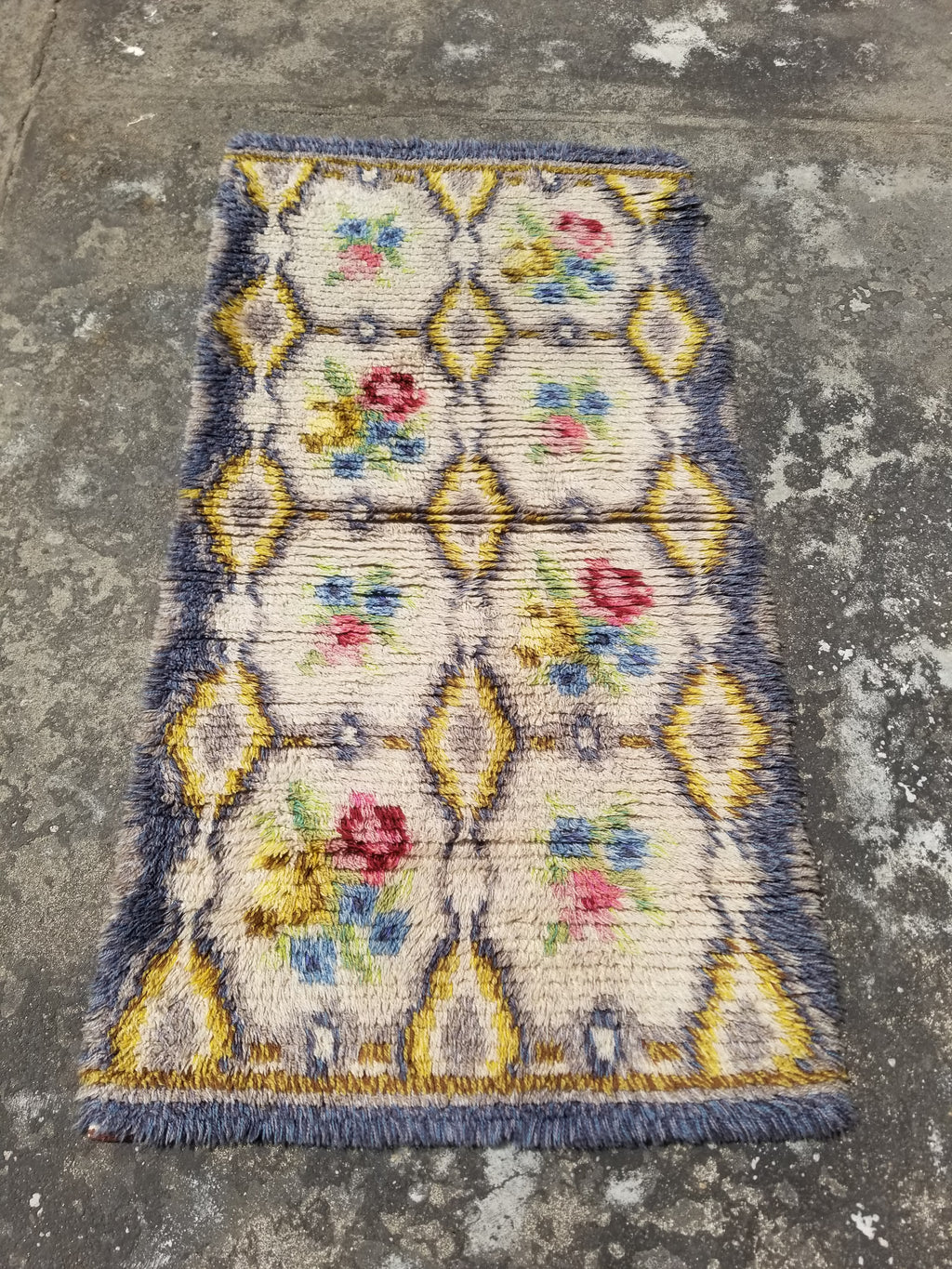 Vintage Traditional Handwoven Scandinavian Floral Wool Rya Shag Rug 148x76cm