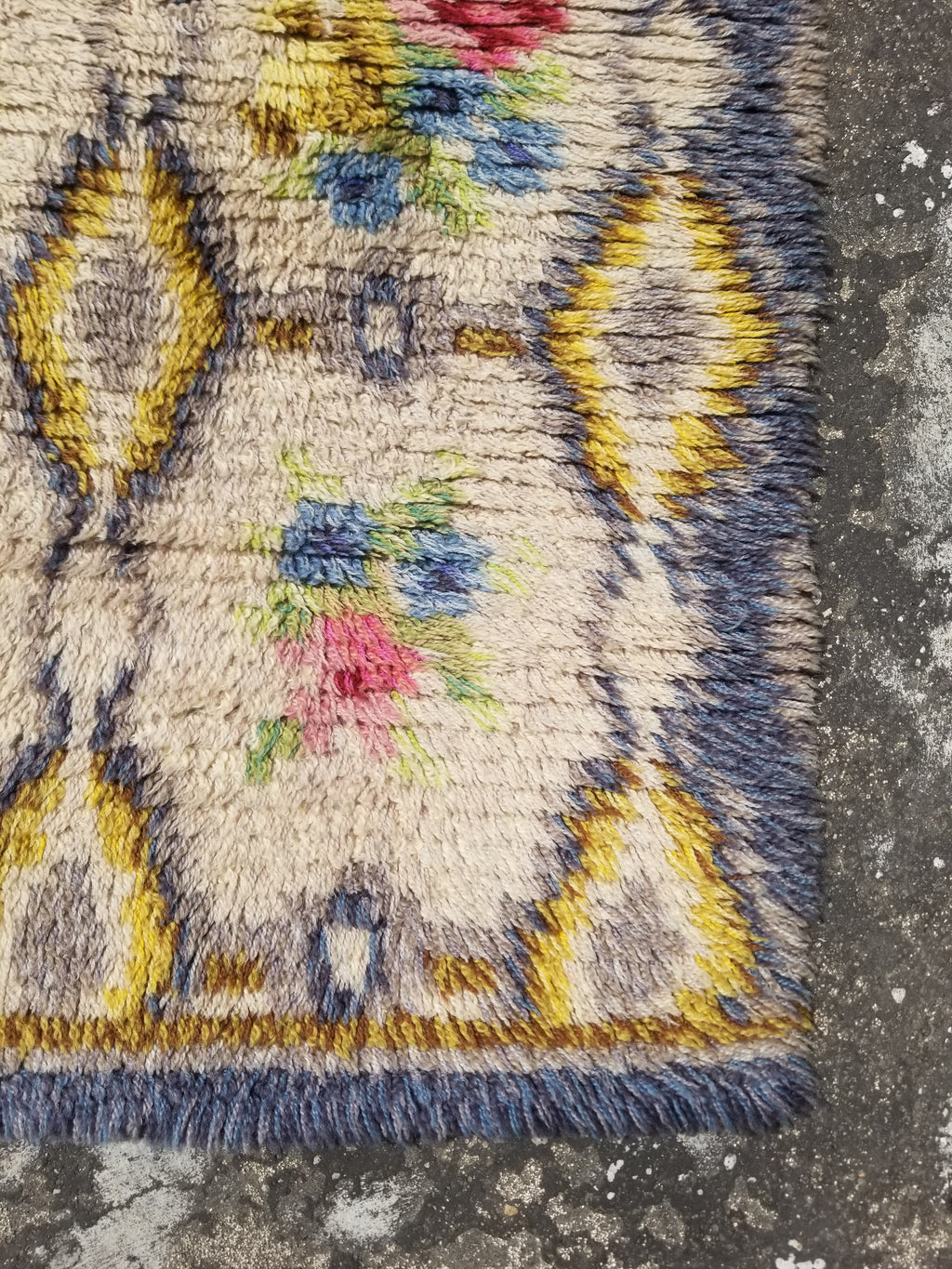Vintage Traditional Handwoven Scandinavian Floral Wool Rya Shag Rug 148x76cm