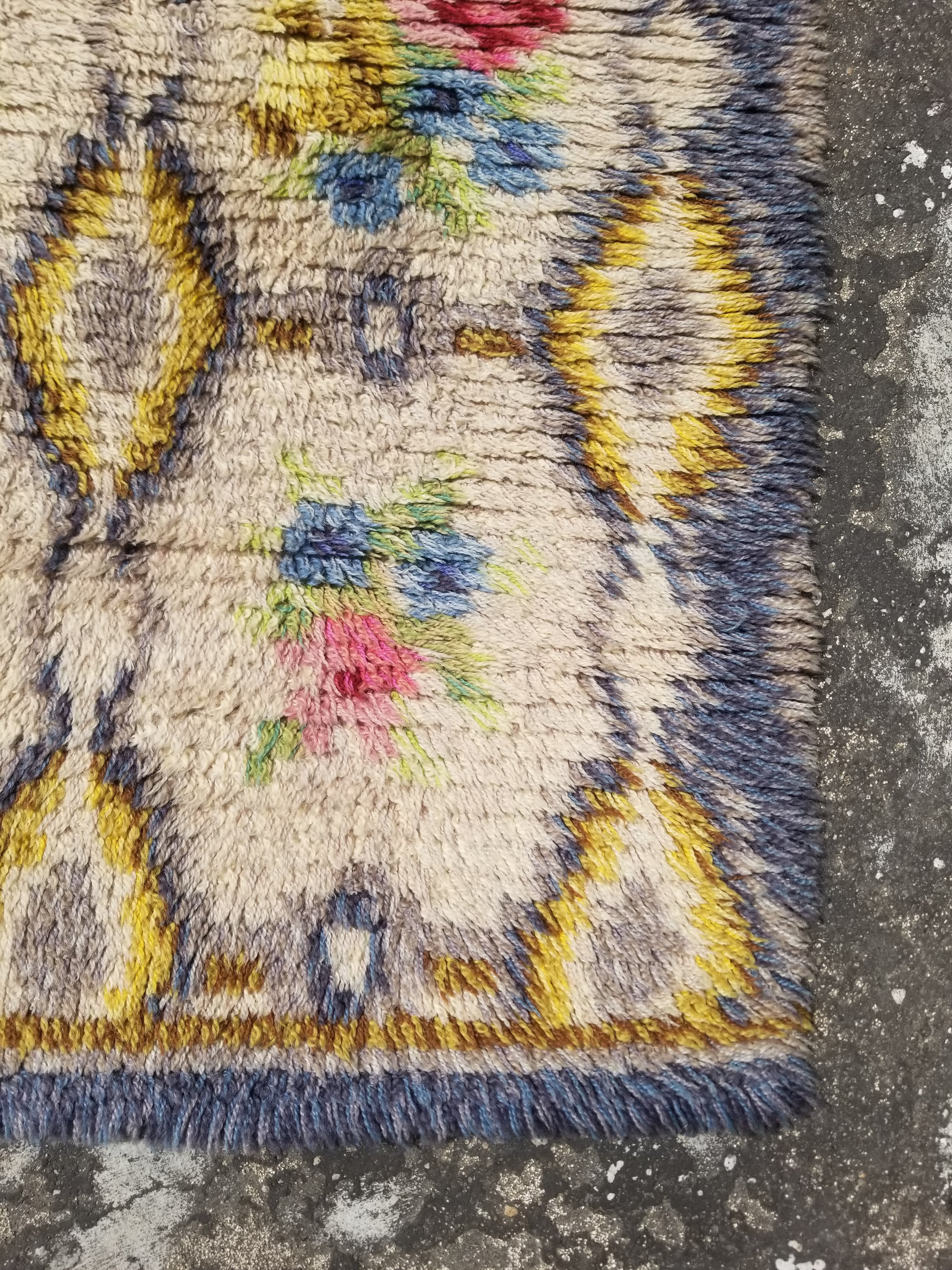 Vintage Traditional Handwoven Scandinavian Floral Wool Rya Shag Rug 148x76cm