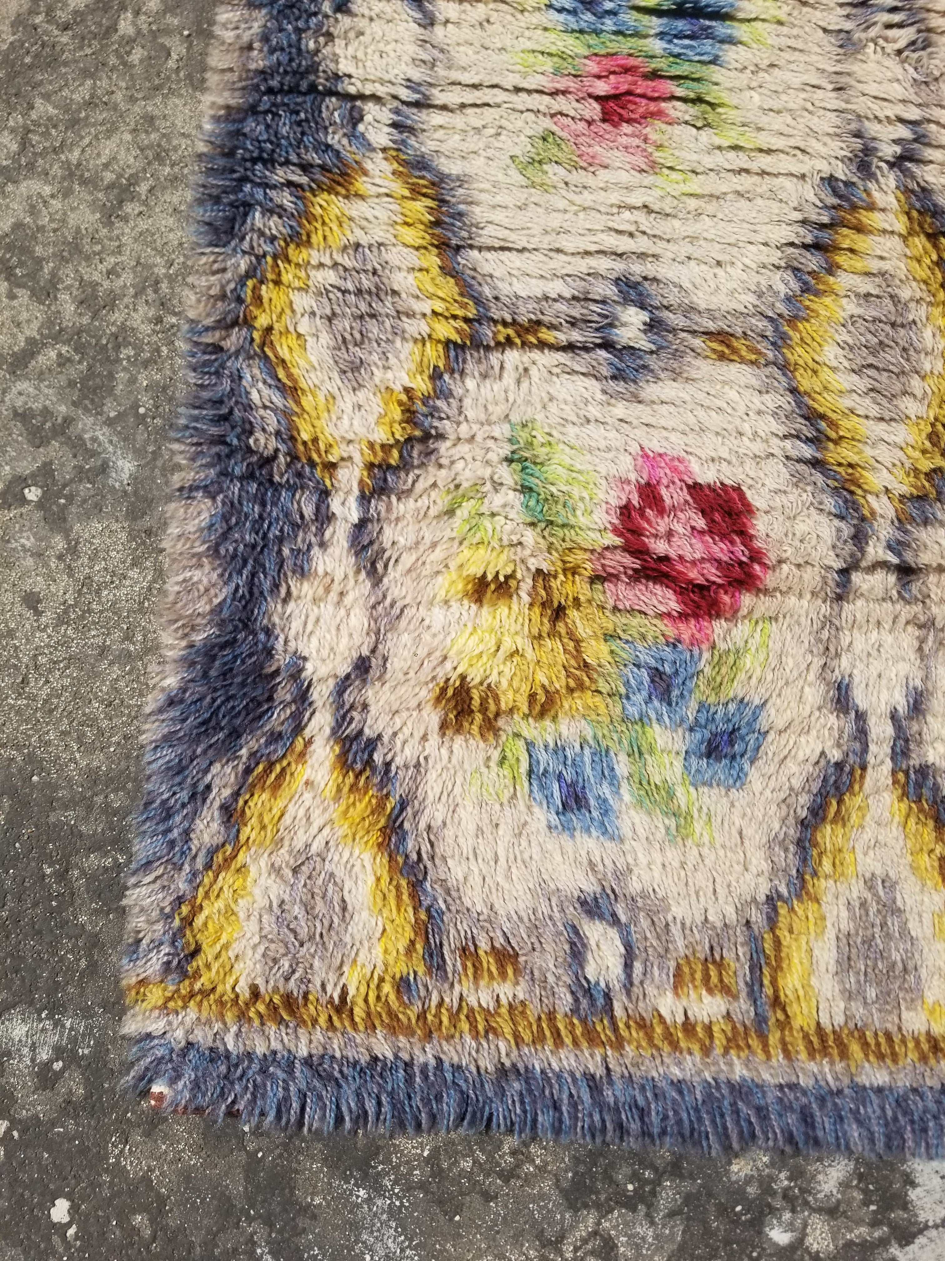 Vintage Traditional Handwoven Scandinavian Floral Wool Rya Shag Rug 148x76cm