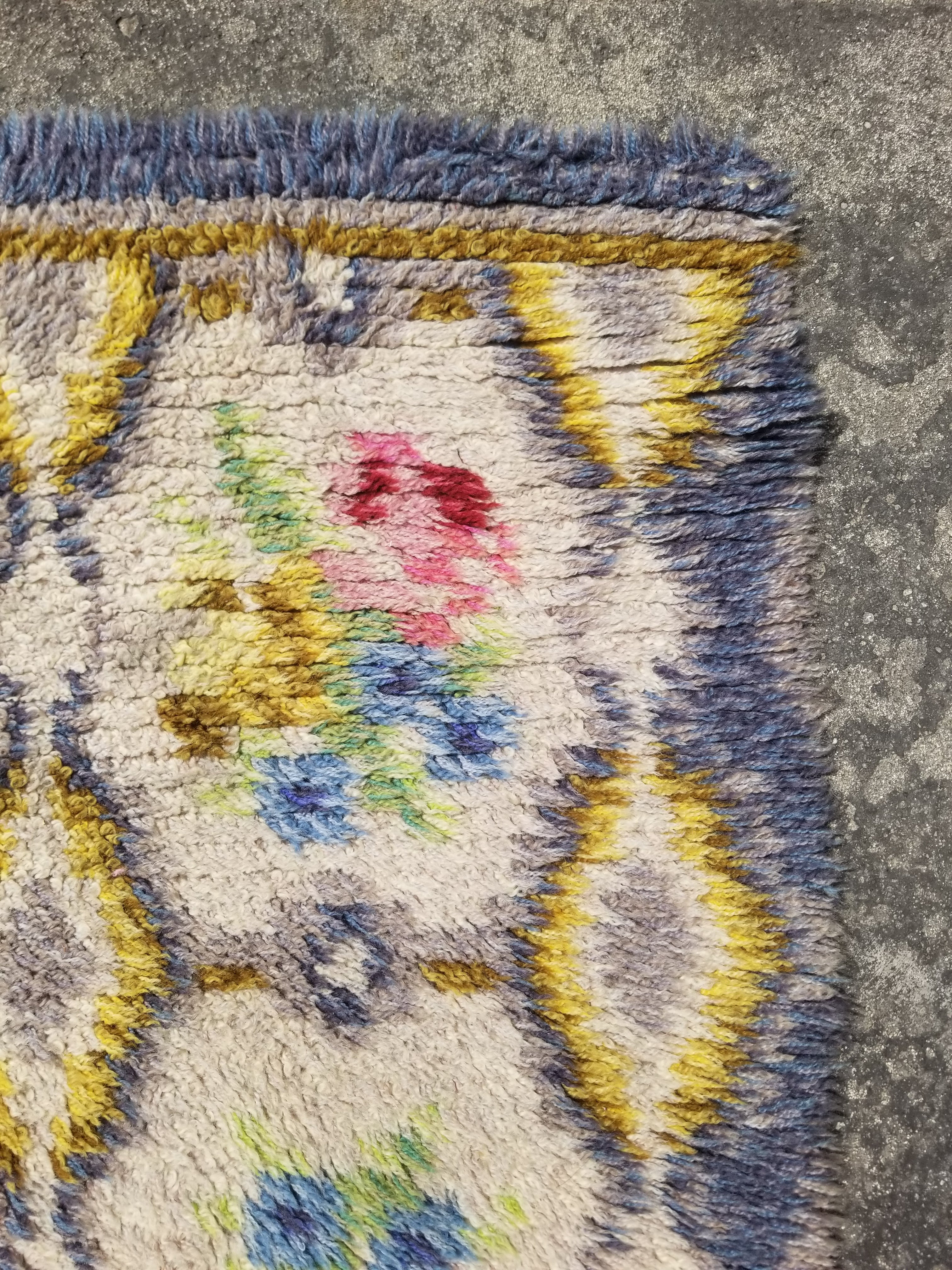 Vintage Traditional Handwoven Scandinavian Floral Wool Rya Shag Rug 148x76cm