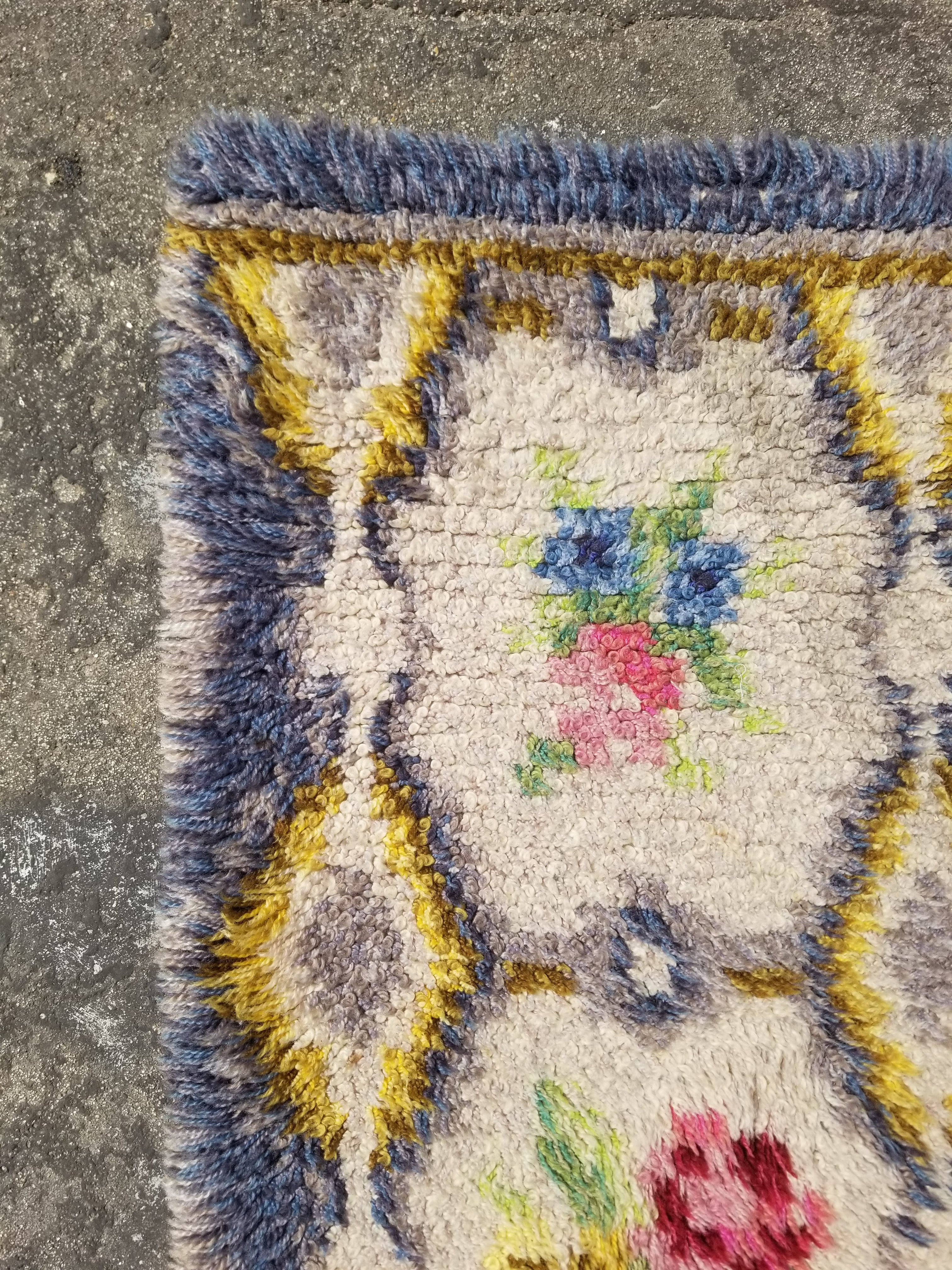 Vintage Traditional Handwoven Scandinavian Floral Wool Rya Shag Rug 148x76cm