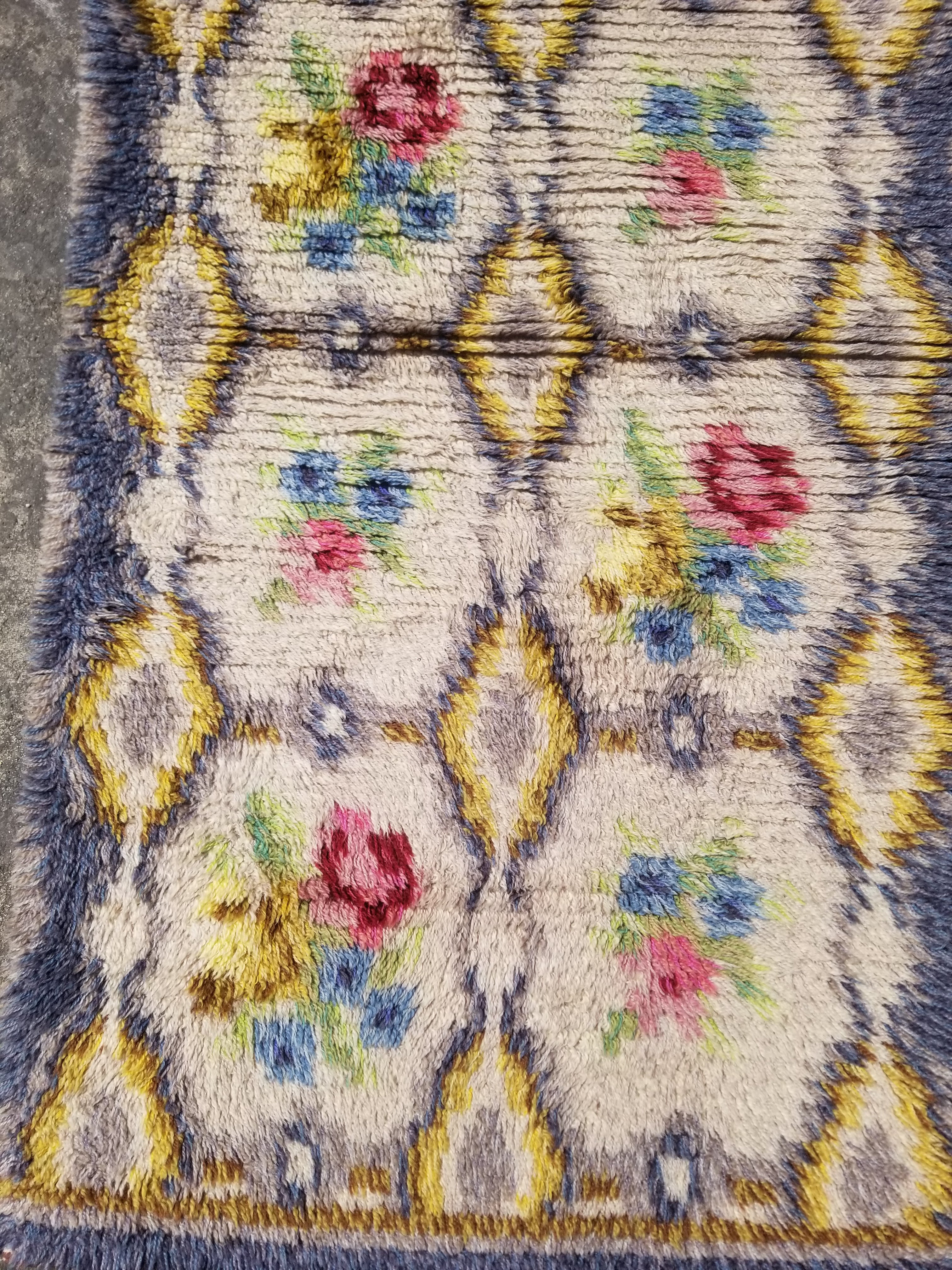 Vintage Traditional Handwoven Scandinavian Floral Wool Rya Shag Rug 148x76cm