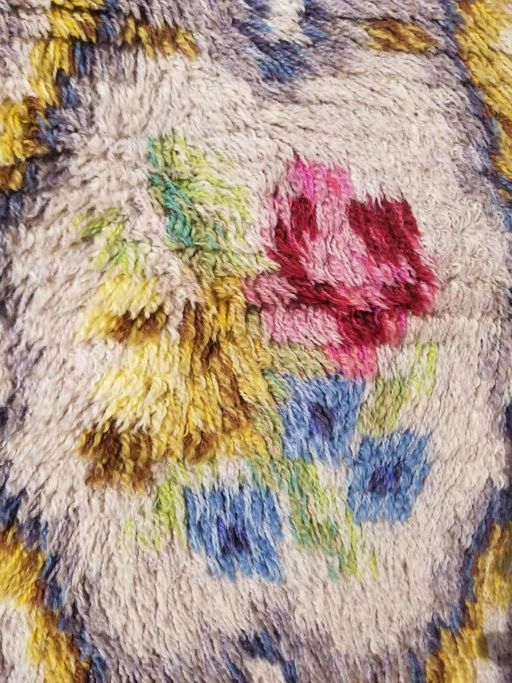 Vintage Traditional Handwoven Scandinavian Floral Wool Rya Shag Rug 148x76cm