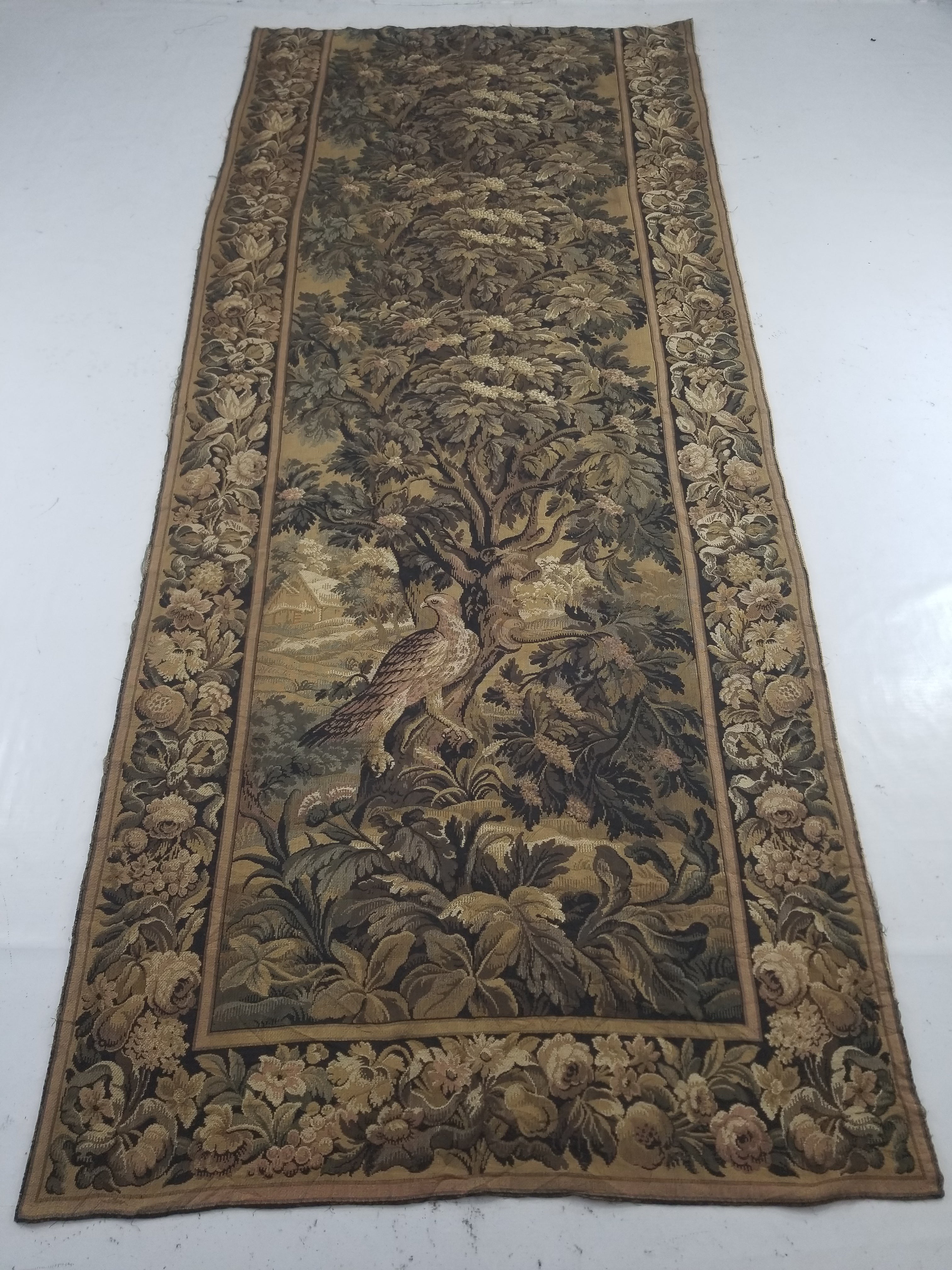 Vintage French Aubusson Style Jacquard Woven Bird in a Nature Tapestry 288x124cm