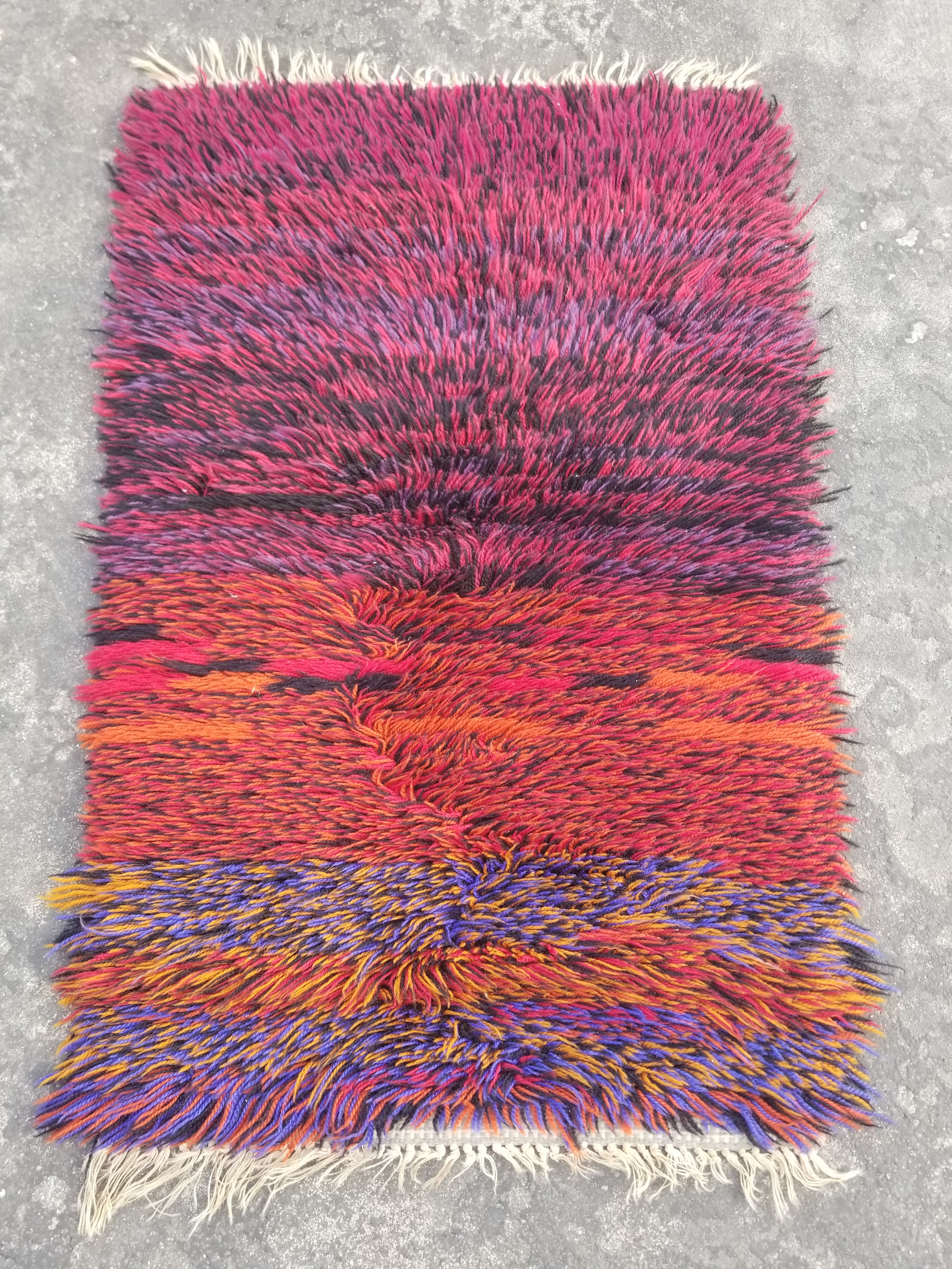 Vintage Traditional Handmade Swedish Rya Wool Multicolor Shag Rug 94x62cm