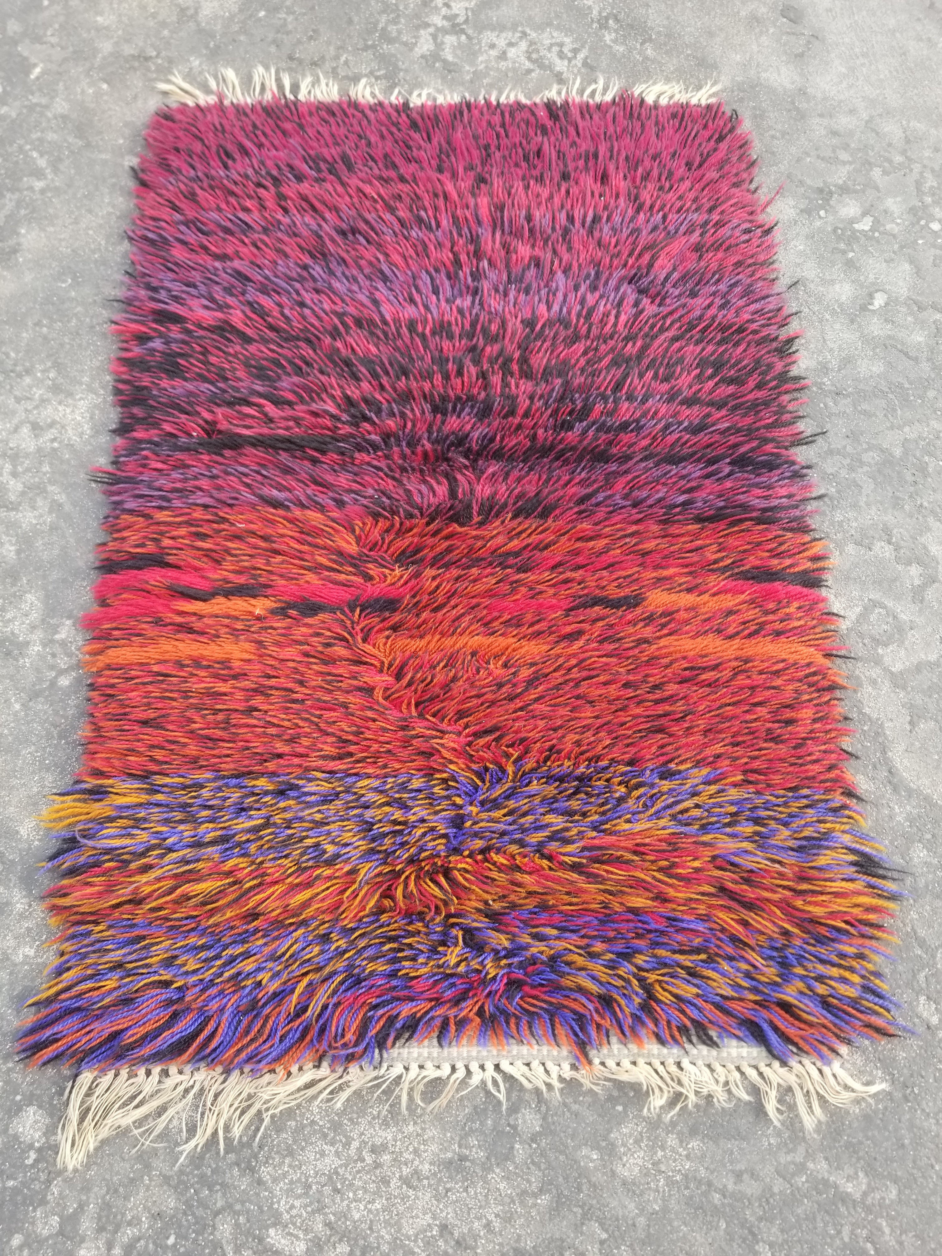 Vintage Traditional Handmade Swedish Rya Wool Multicolor Shag Rug 94x62cm