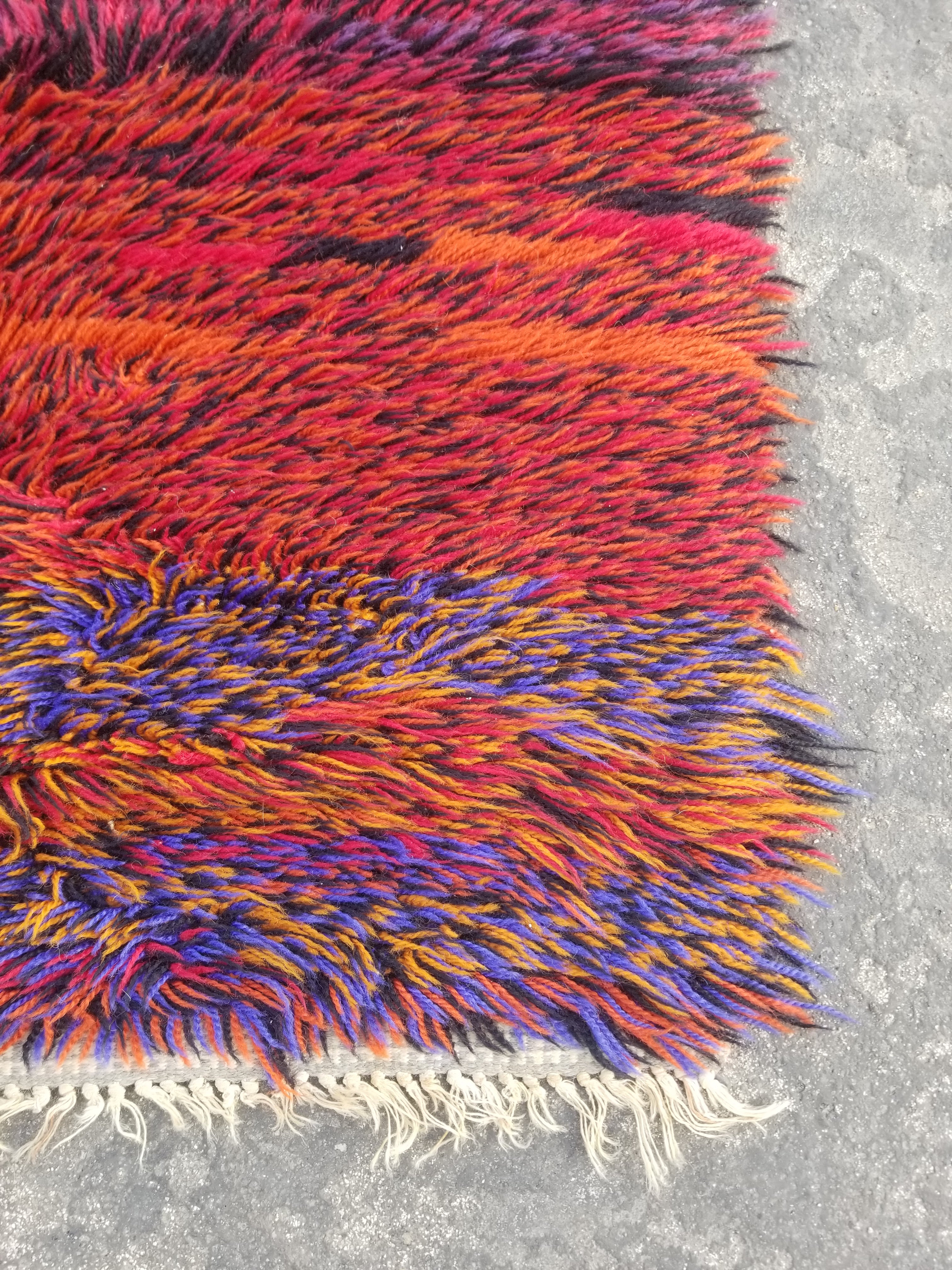 Vintage Traditional Handmade Swedish Rya Wool Multicolor Shag Rug 94x62cm