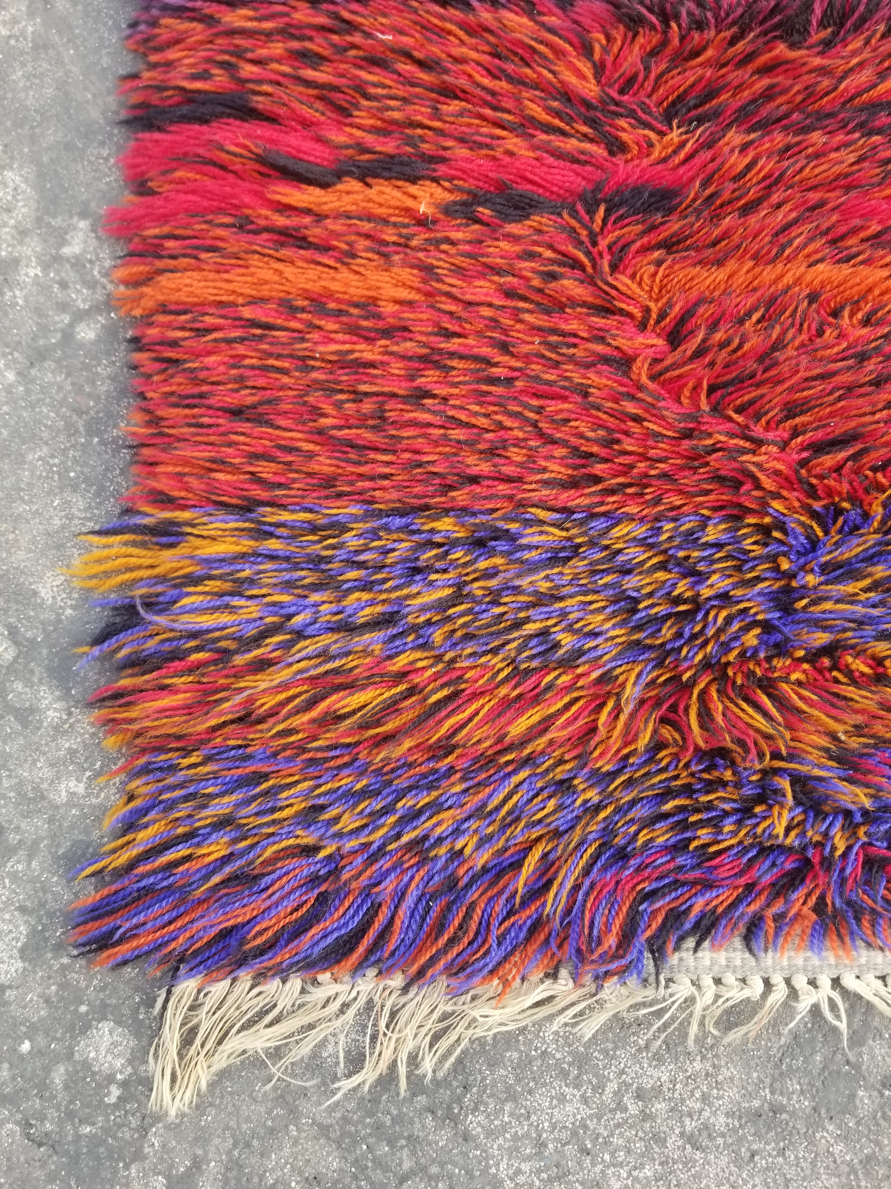 Vintage Traditional Handmade Swedish Rya Wool Multicolor Shag Rug 94x62cm