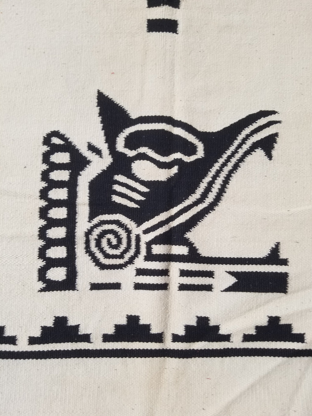Vintage Tradiitonal Handwoven Mexican Zapotec Wool Beige & Black Kilim 189x88cm