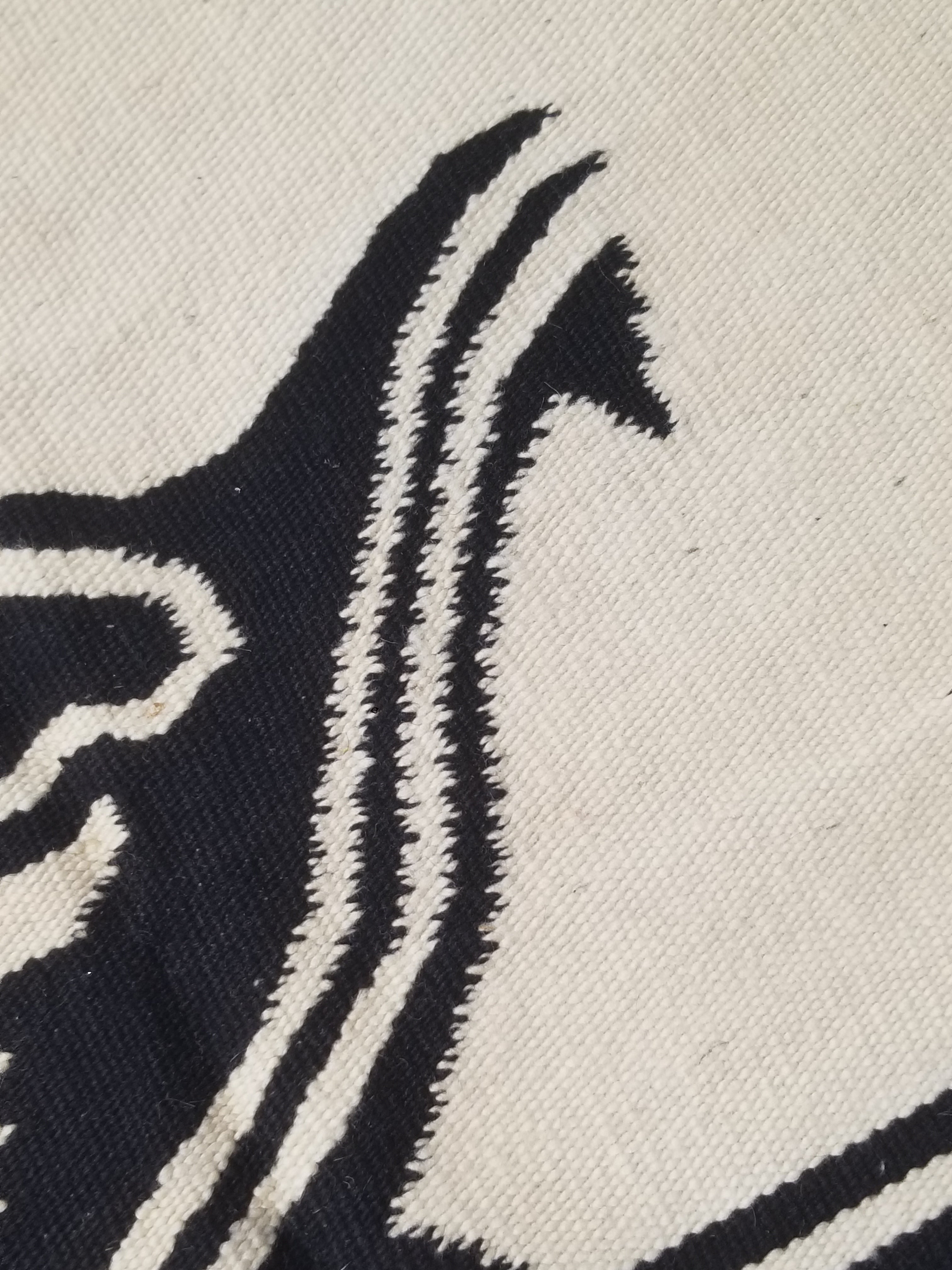 Vintage Tradiitonal Handwoven Mexican Zapotec Wool Beige & Black Kilim 189x88cm