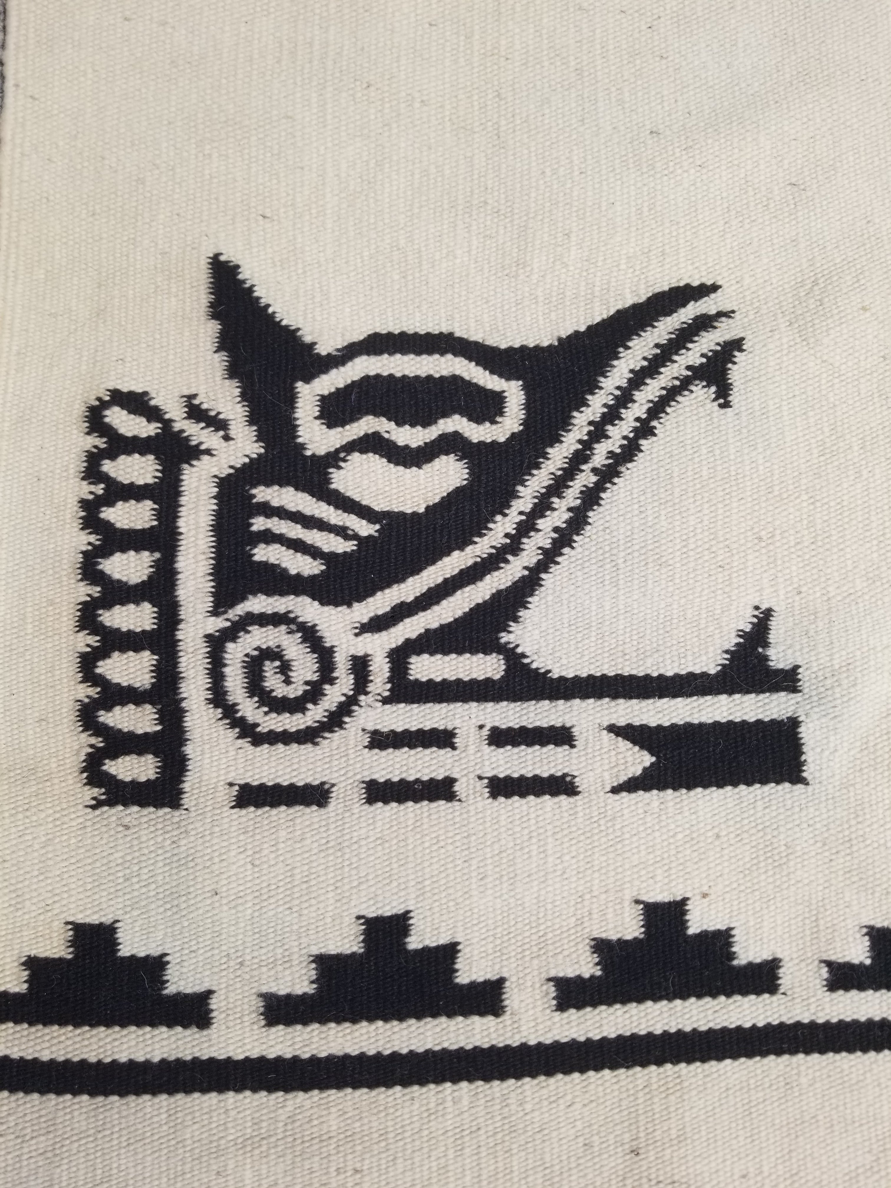 Vintage Tradiitonal Handwoven Mexican Zapotec Wool Beige & Black Kilim 189x88cm