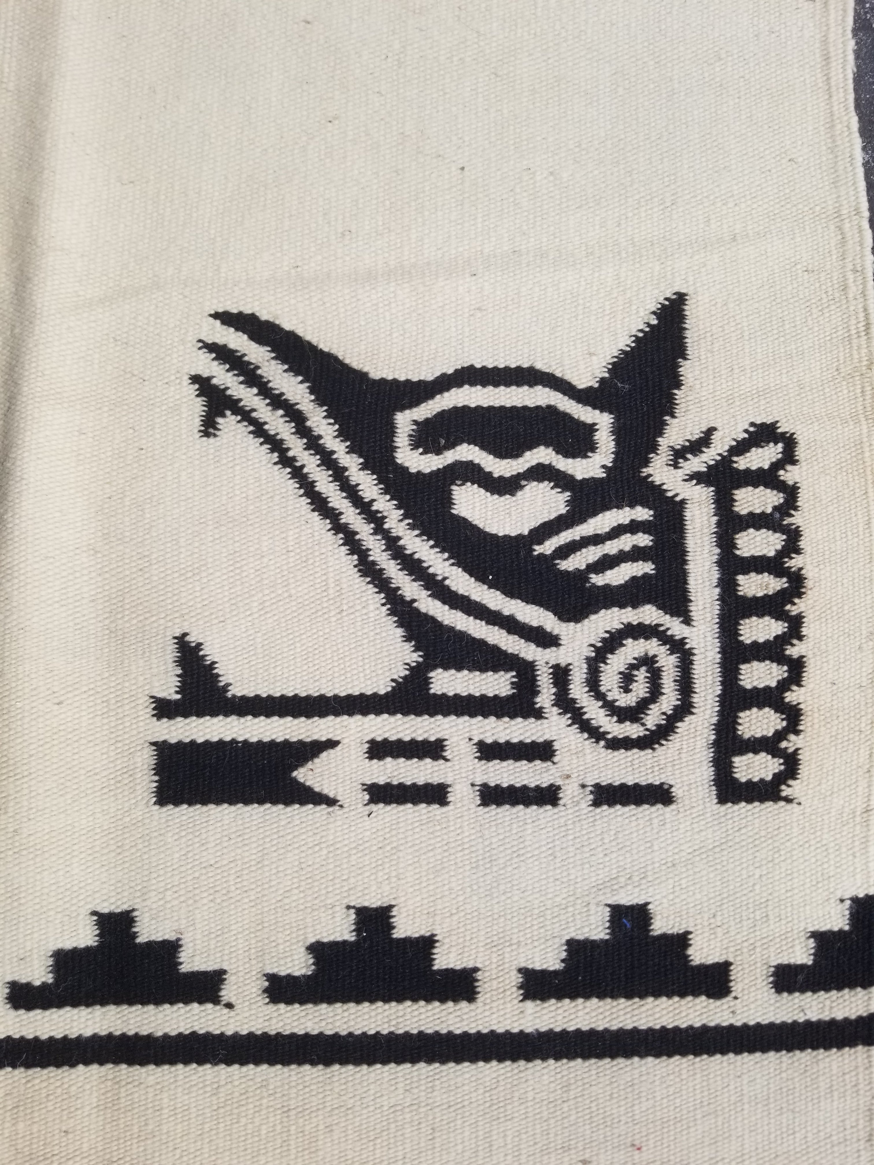 Vintage Tradiitonal Handwoven Mexican Zapotec Wool Beige & Black Kilim 189x88cm