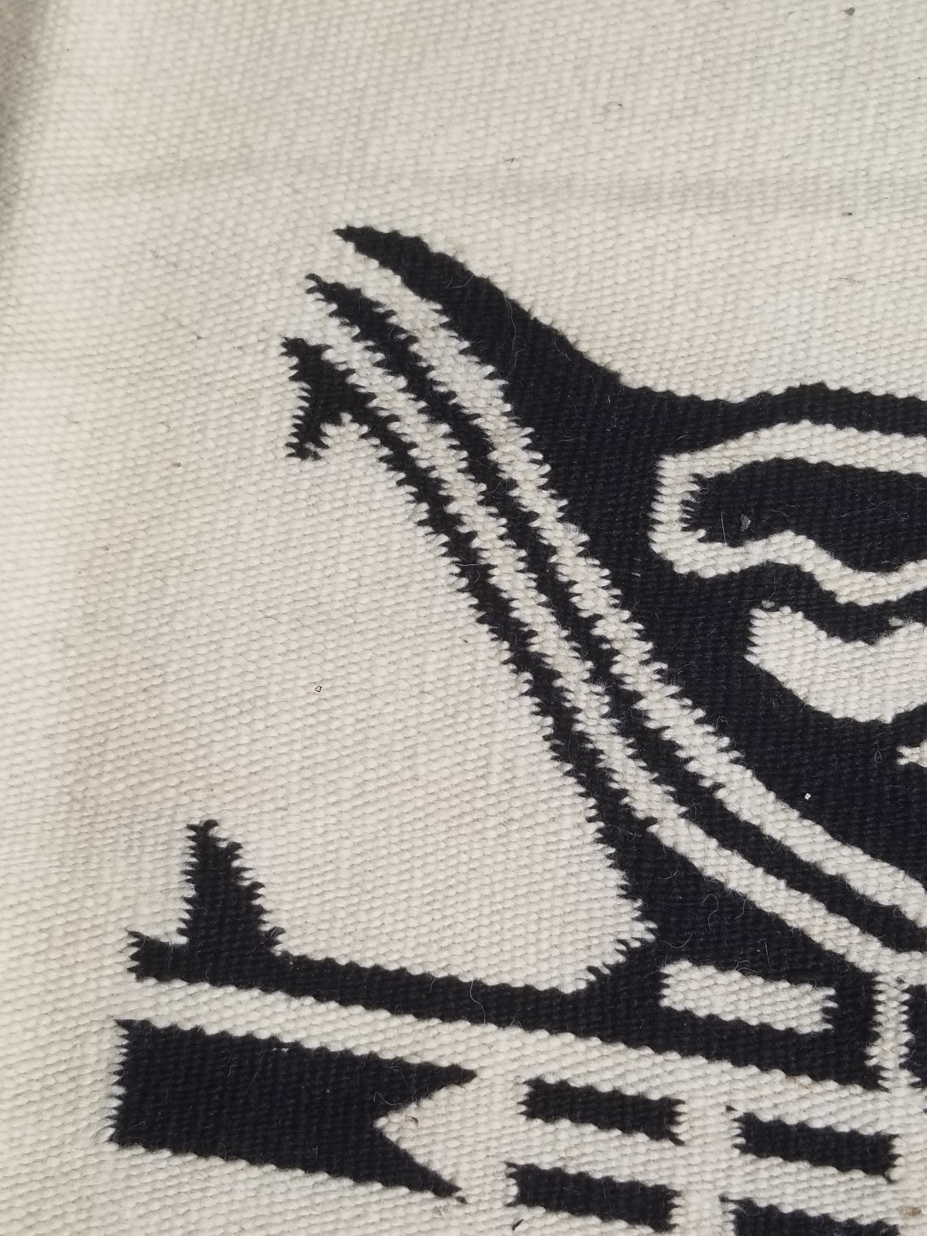 Vintage Tradiitonal Handwoven Mexican Zapotec Wool Beige & Black Kilim 189x88cm
