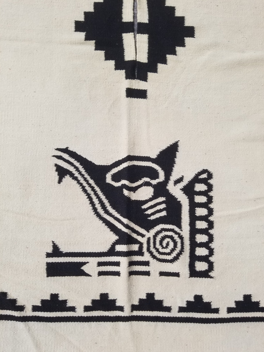 Vintage Tradiitonal Handwoven Mexican Zapotec Wool Beige & Black Kilim 189x88cm