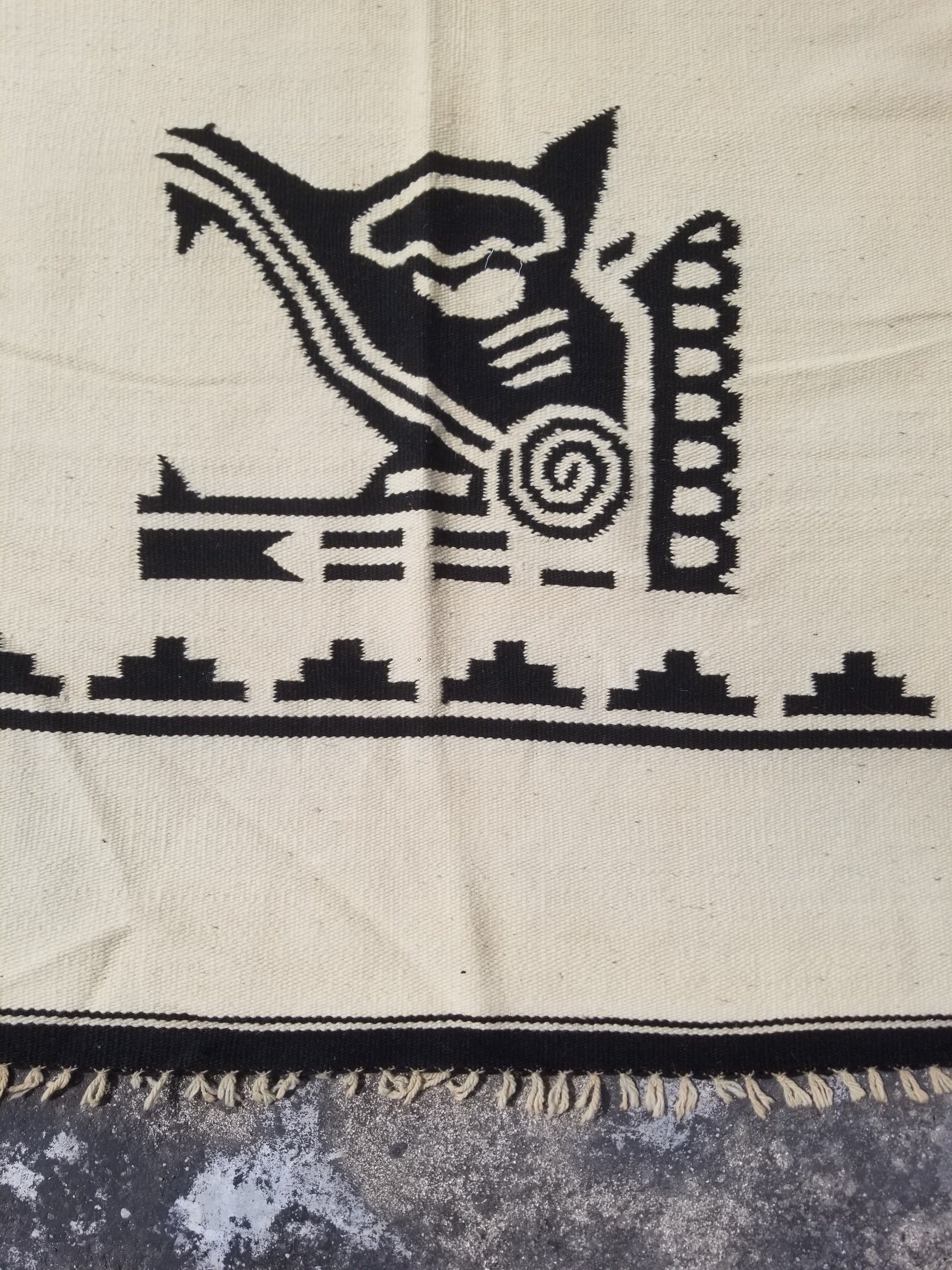 Vintage Tradiitonal Handwoven Mexican Zapotec Wool Beige & Black Kilim 189x88cm