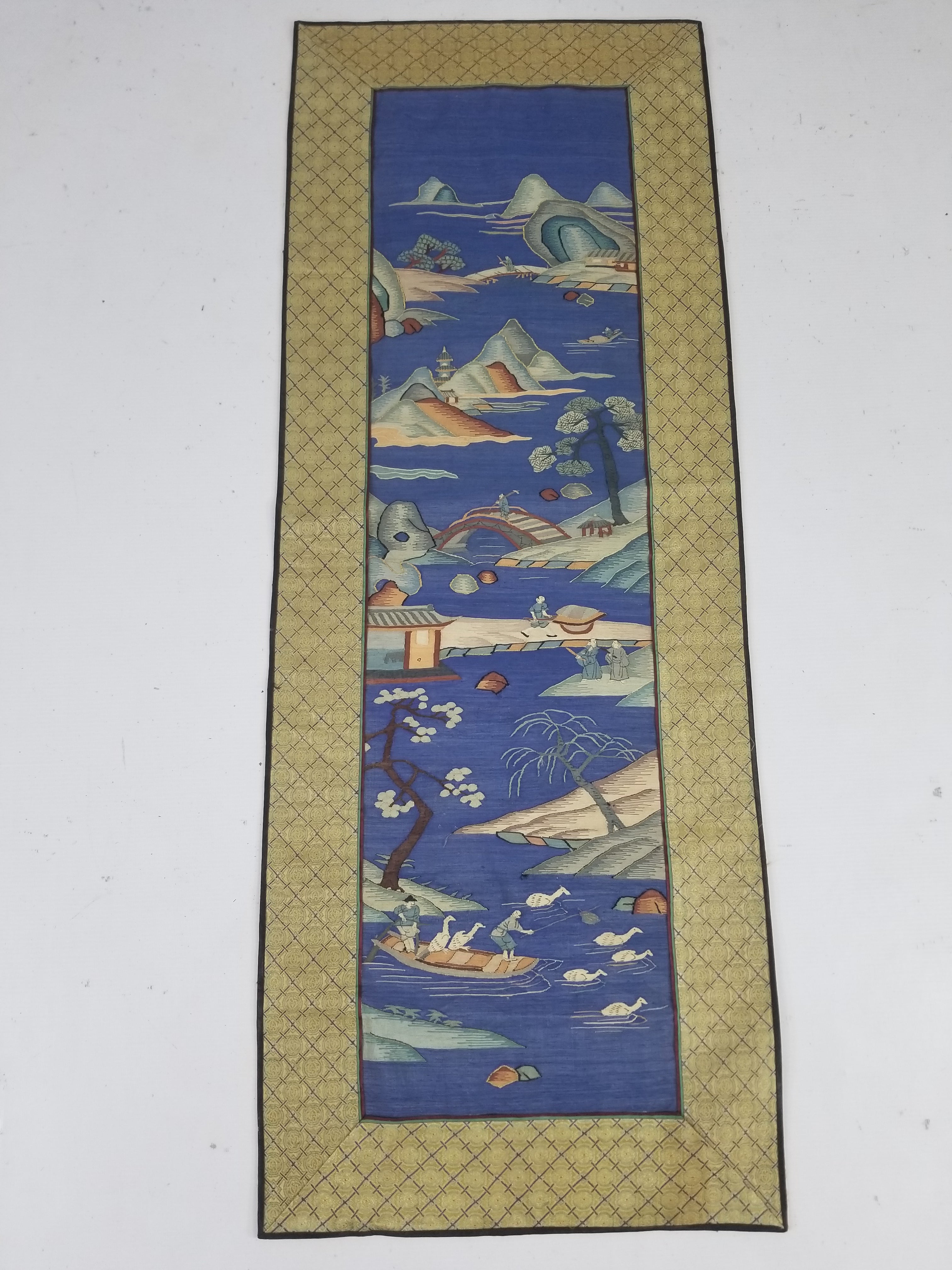 Antique Chinese Handwoven Fishermen and River Landscape Kesi Panel 110x41cm