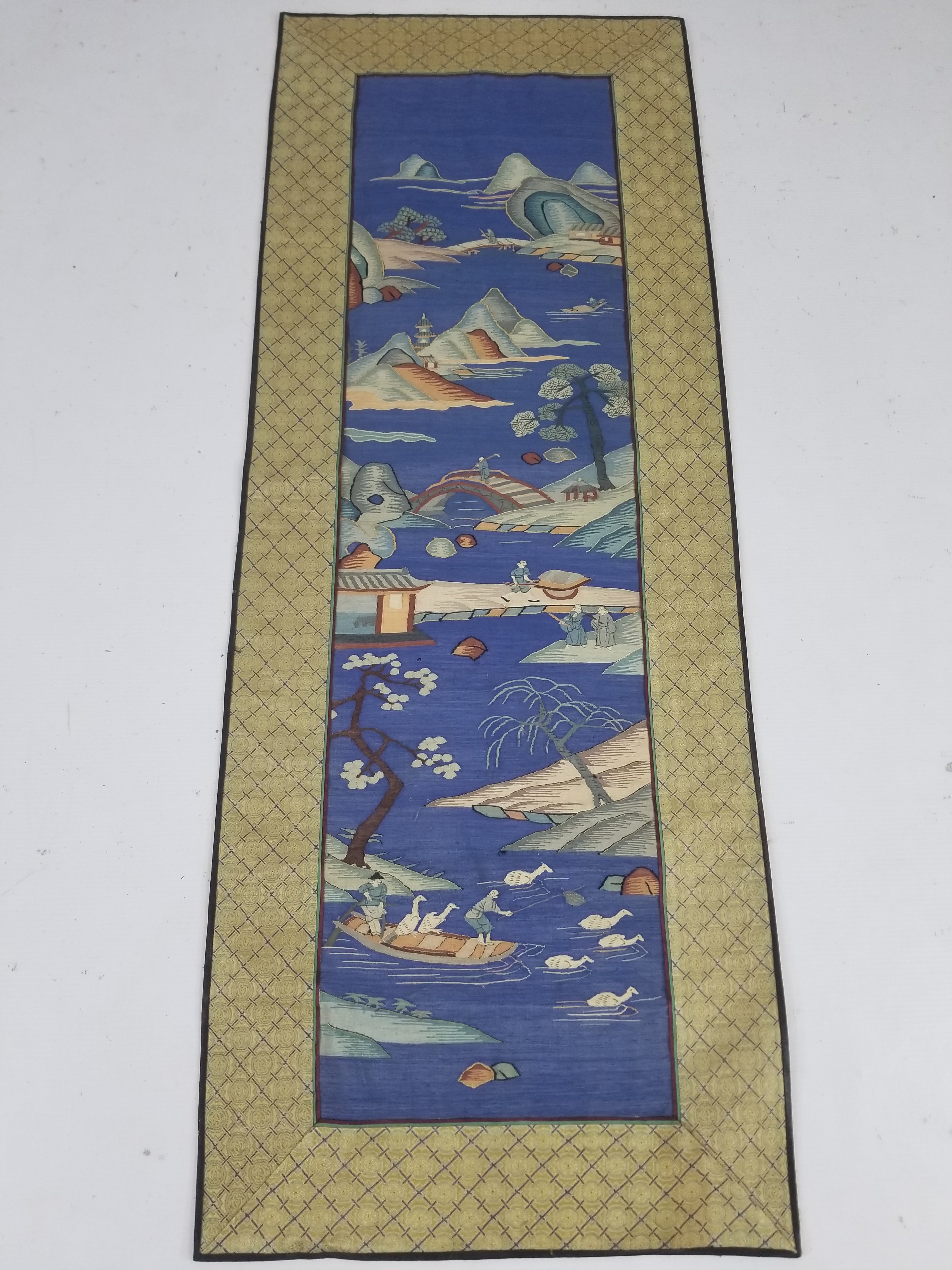 Antique Chinese Handwoven Fishermen and River Landscape Kesi Panel 110x41cm